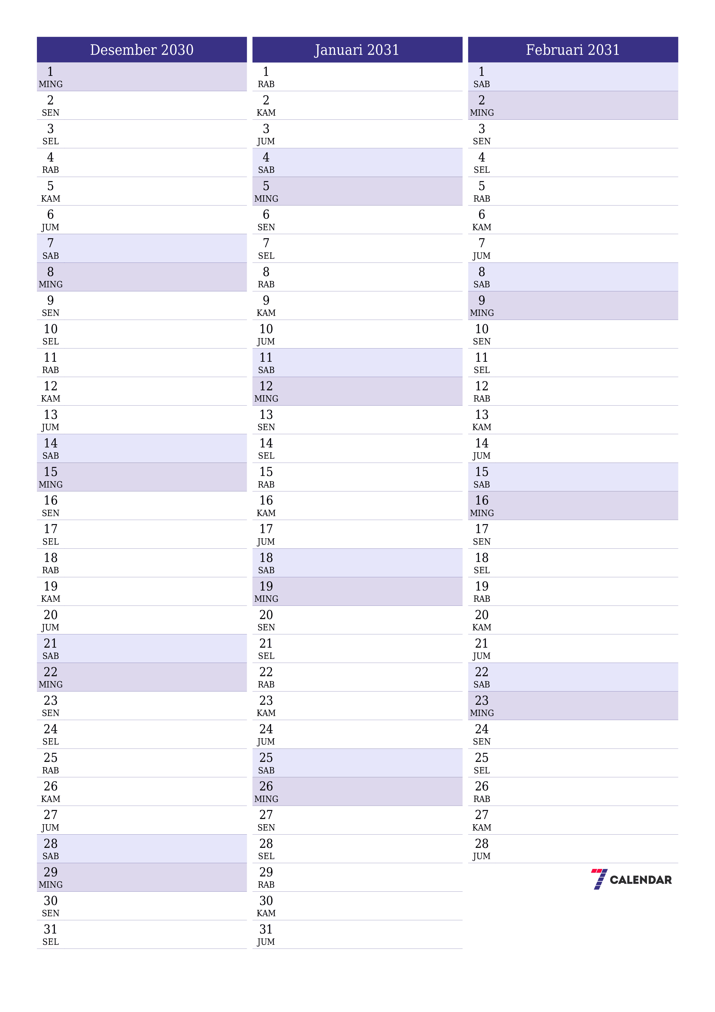  yang dapat dicetak dinding templat gratisvertikal Bulanan perencana kalender Desember (Des) 2030