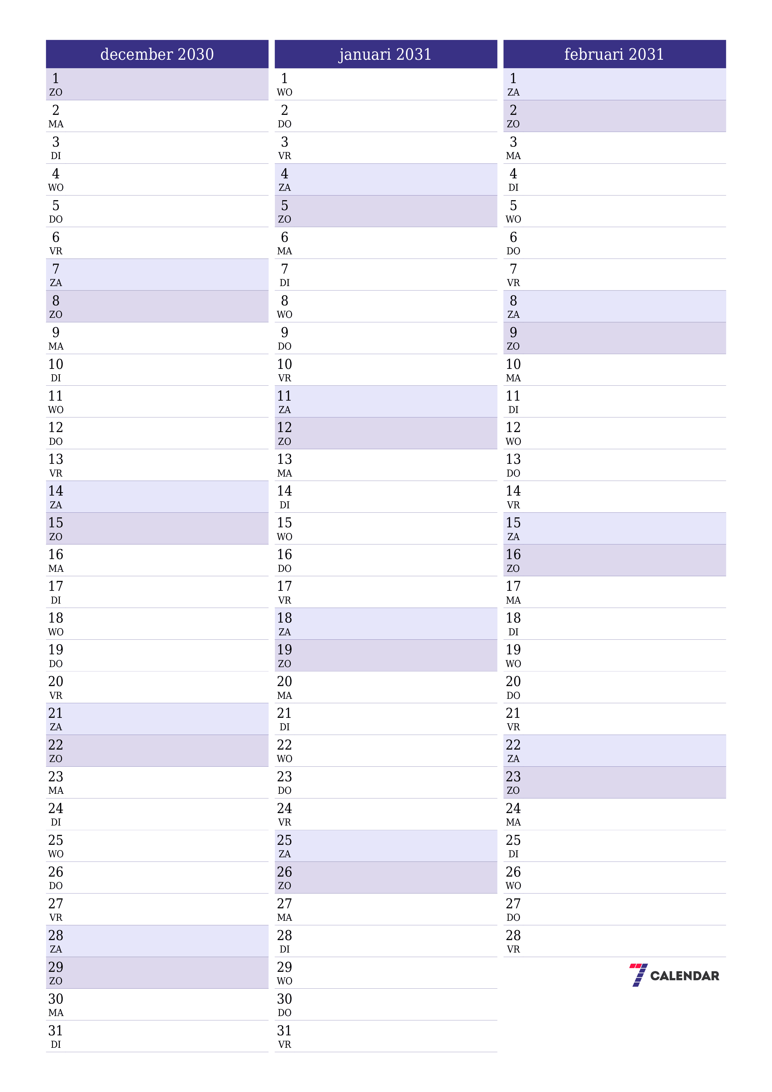 afdrukbare muur sjabloon gratis verticaal Maandelijks planner kalender december (dec) 2030