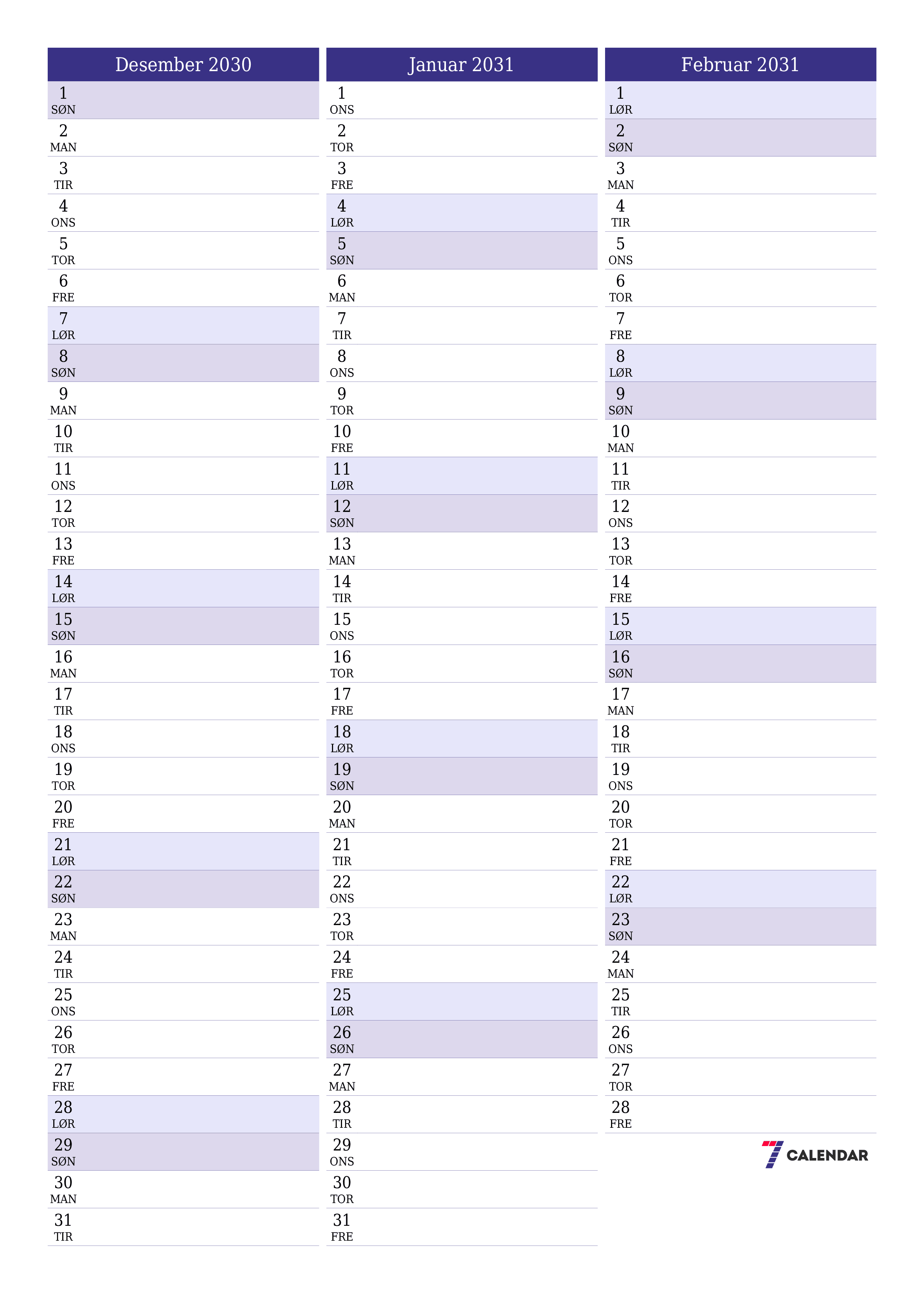 utskrivbar vegg mal gratis vertikal Månedlig planlegger kalender Desember (Des) 2030