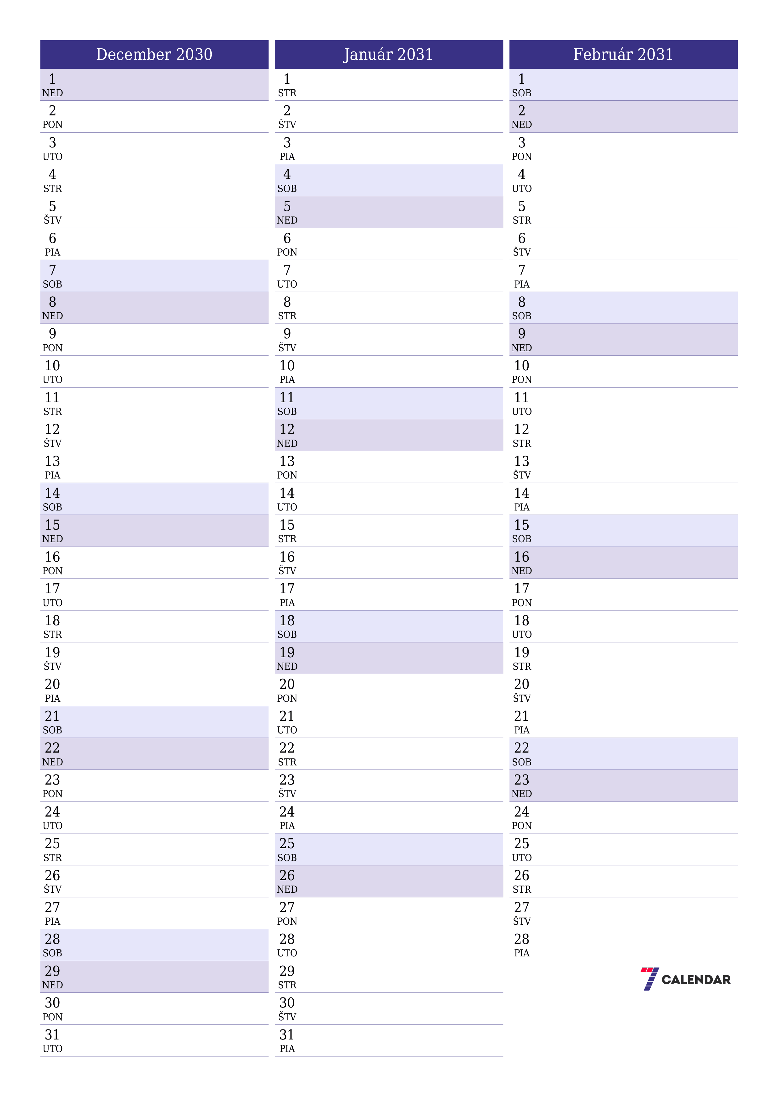 vytlačiteľný nástenný šablóna a bezplatný вертикальный Mesačne plánovač kalendár December (Dec) 2030