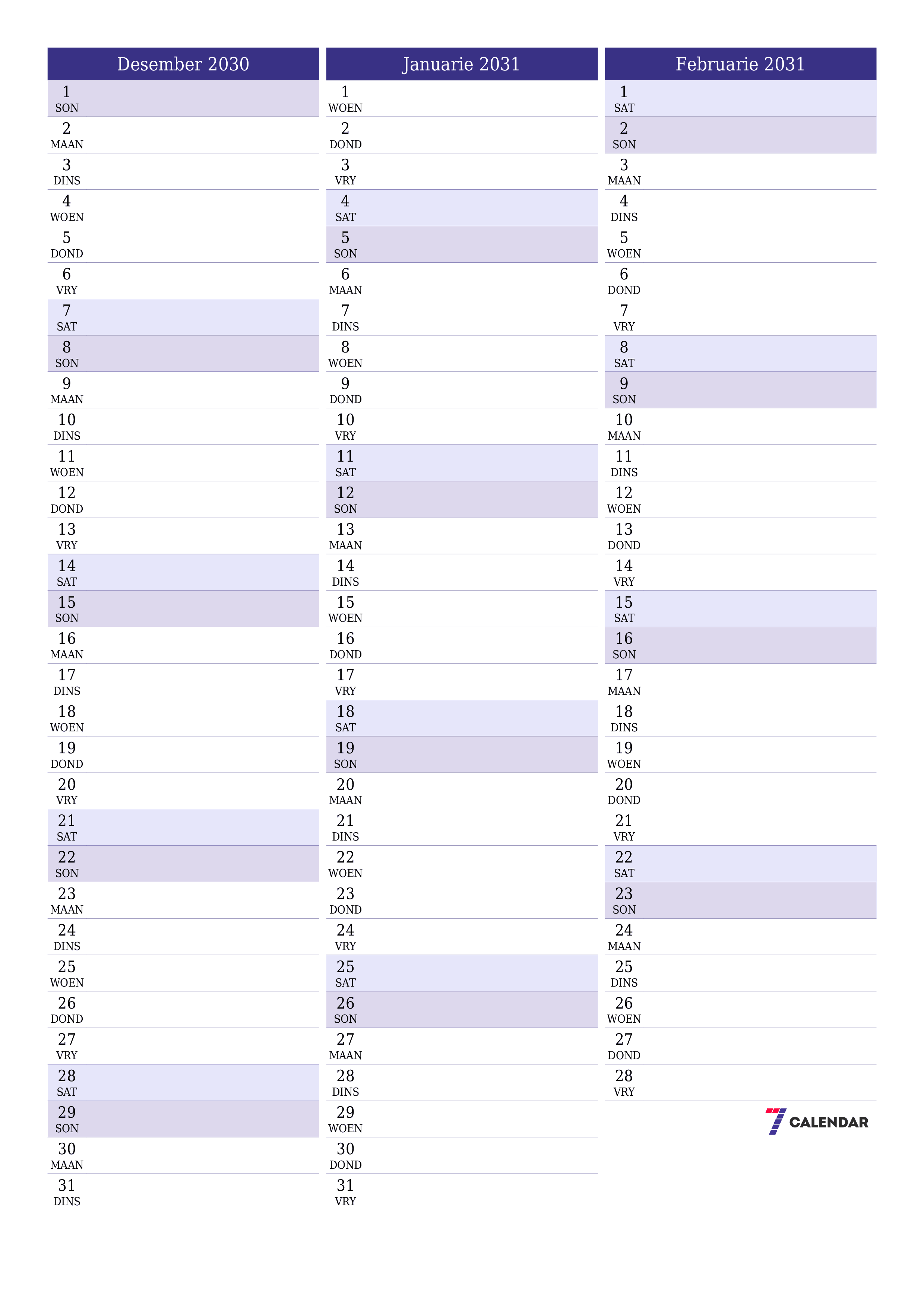 drukbare muur template gratis vertikaal Maandeliks beplanner kalender Desember (Des) 2030