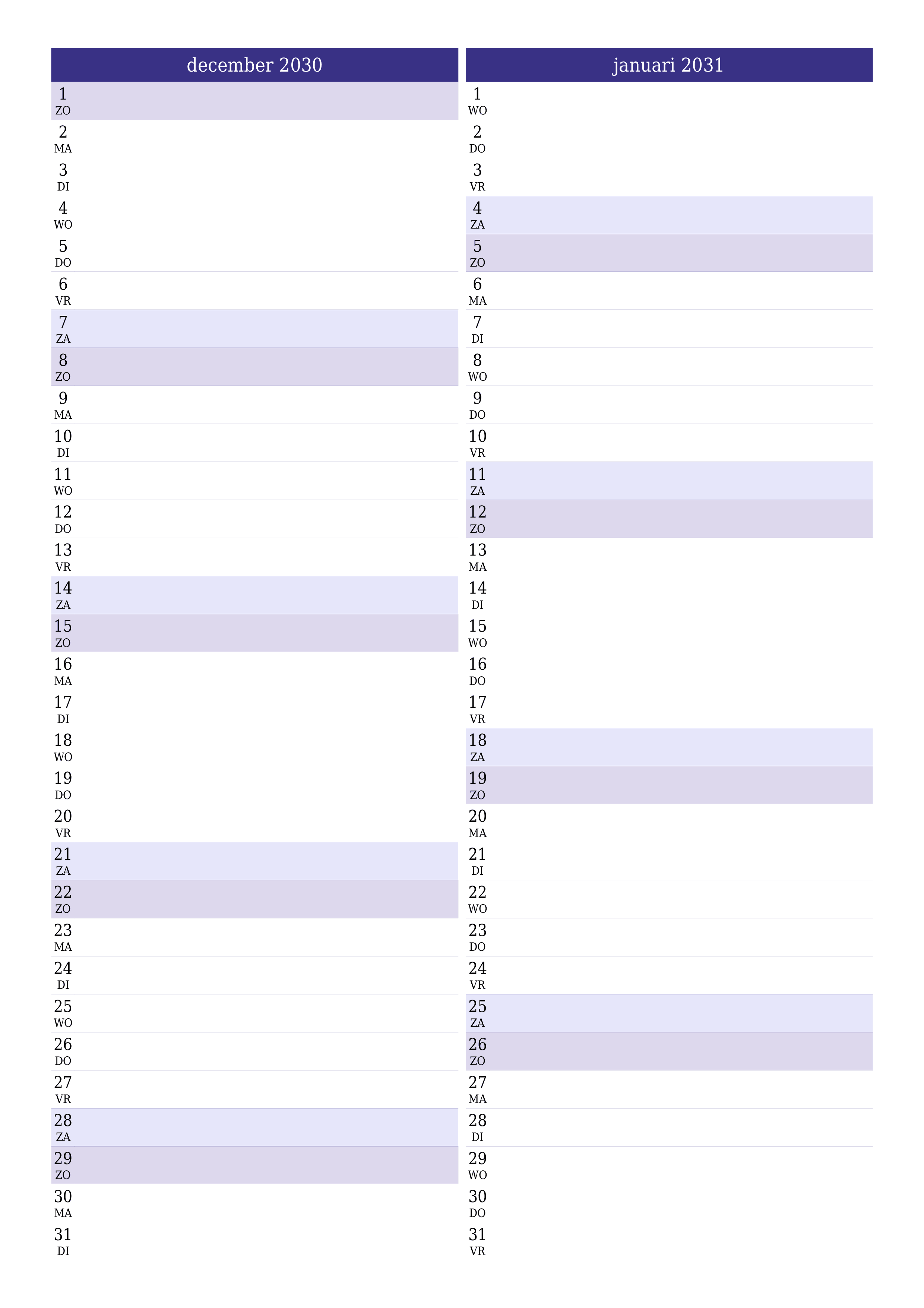 afdrukbare muur sjabloon gratis verticaal Maandelijks planner kalender december (dec) 2030