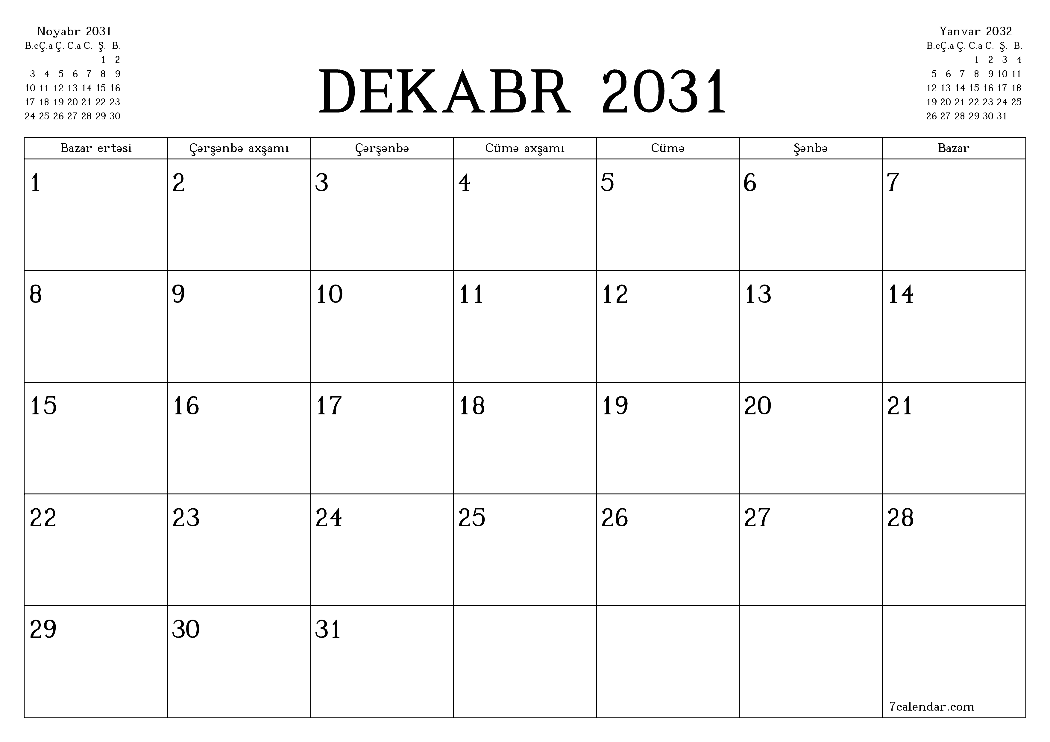 Dekabr 2031 ayı üçün qeydlər ilə boş aylıq planlayıcı, qeyd edin və PDF-ə yazdırın PNG Azerbaijani