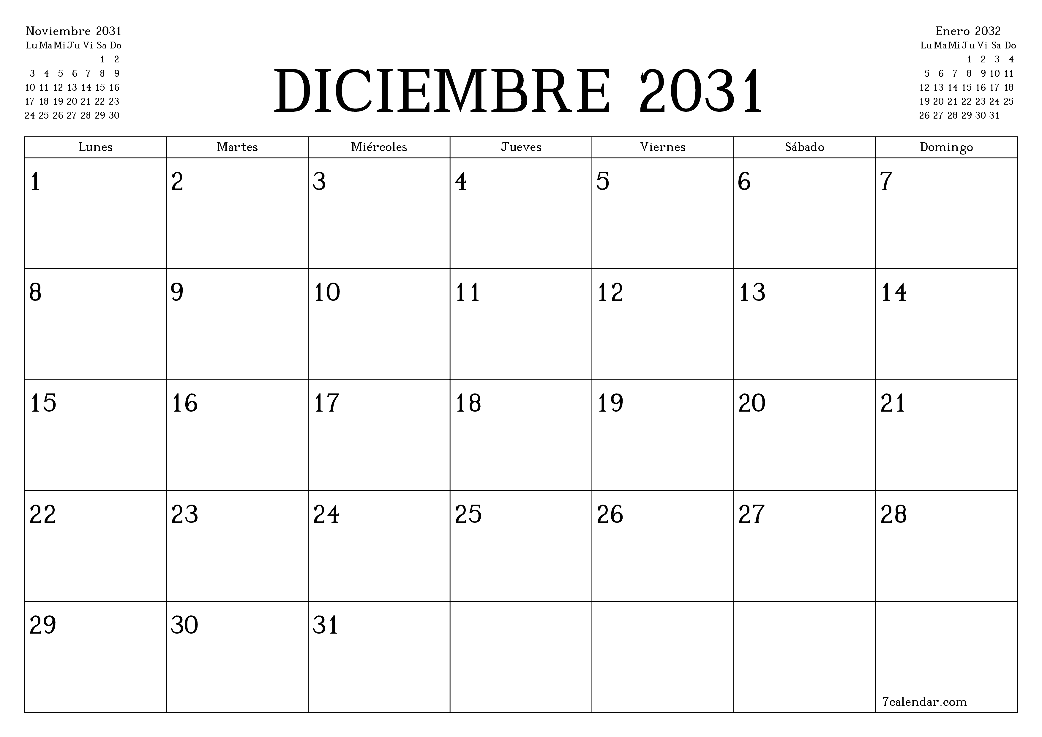 Planificador mensual vacío para el mes Diciembre 2031 con notas, guardar e imprimir en PDF PNG Spanish
