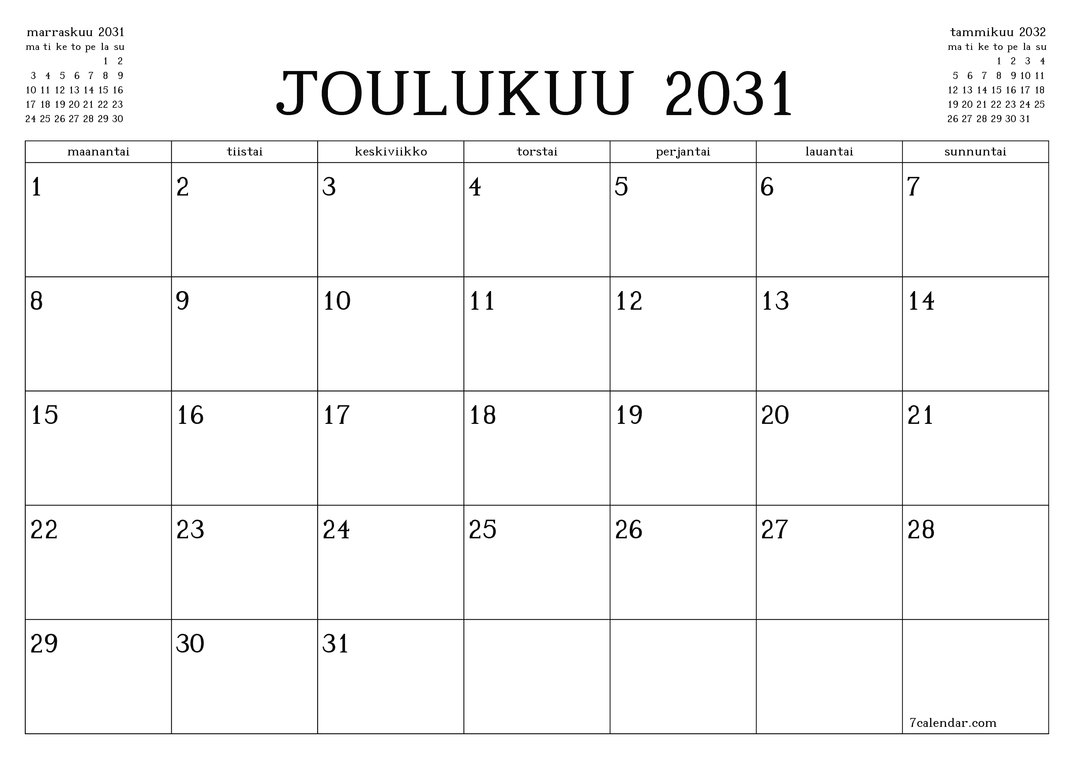 Tyhjennä kuukausittainen suunnittelija kuukaudelle Joulukuu 2031 muistiinpanoilla, tallenna ja tulosta PDF-muotoon PNG Finnish