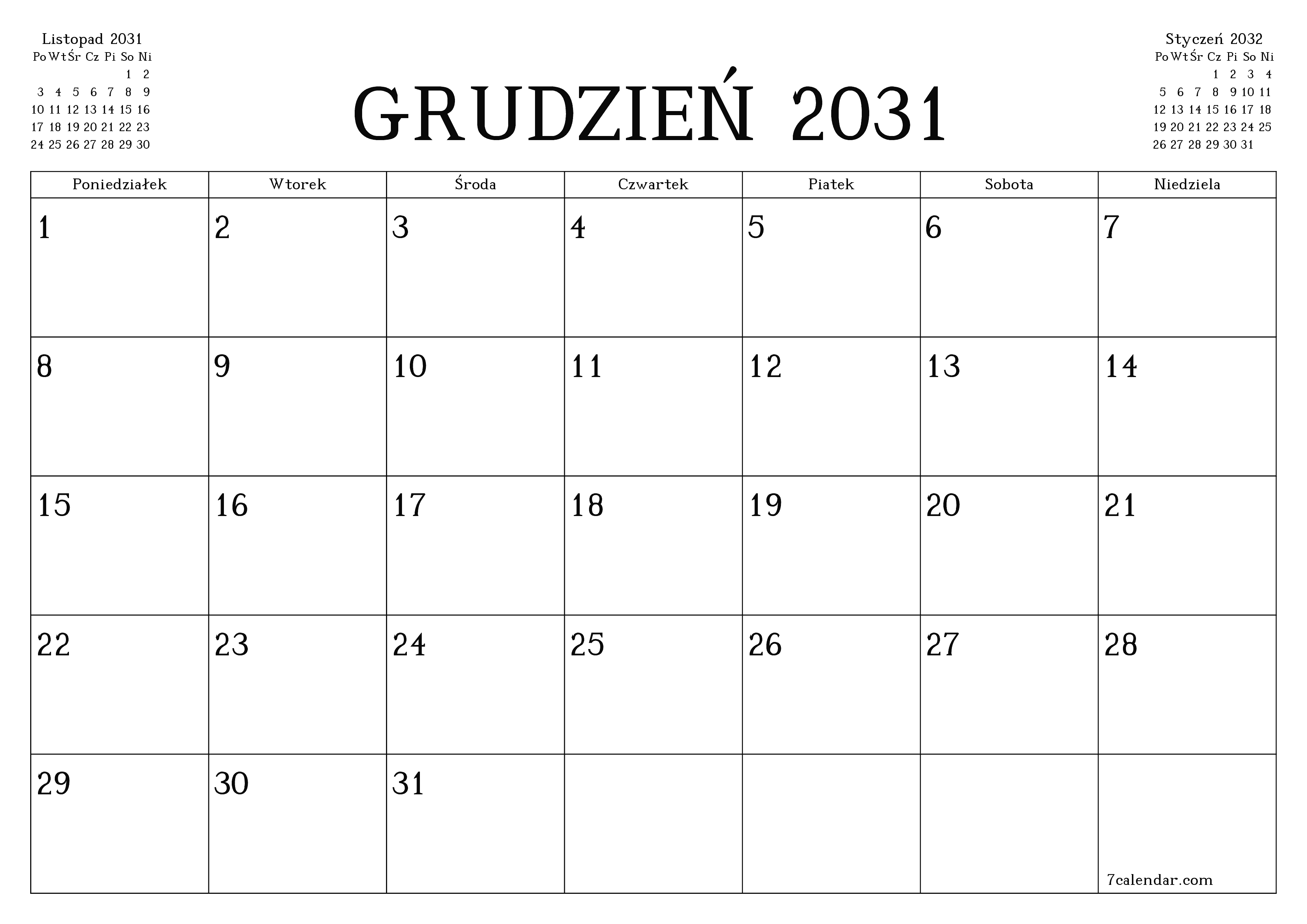 Opróżnij miesięczny planer na miesiąc Grudzień 2031 z notatkami, zapisz i wydrukuj w formacie PDF PNG Polish