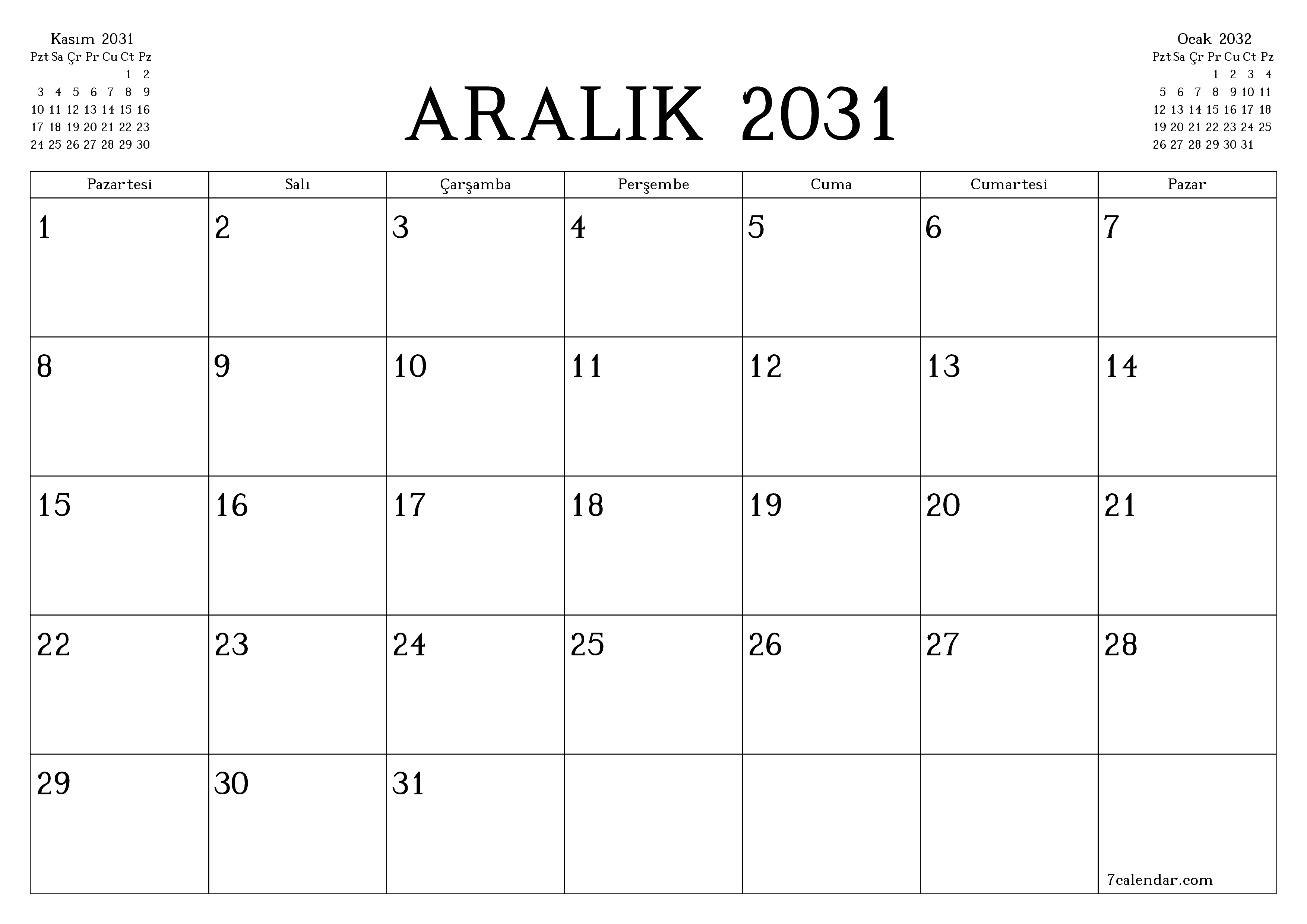 Aralık 2031 ayı için notlarla birlikte boş aylık planlayıcı, kaydedin ve PDF'ye yazdırın PNG Turkish