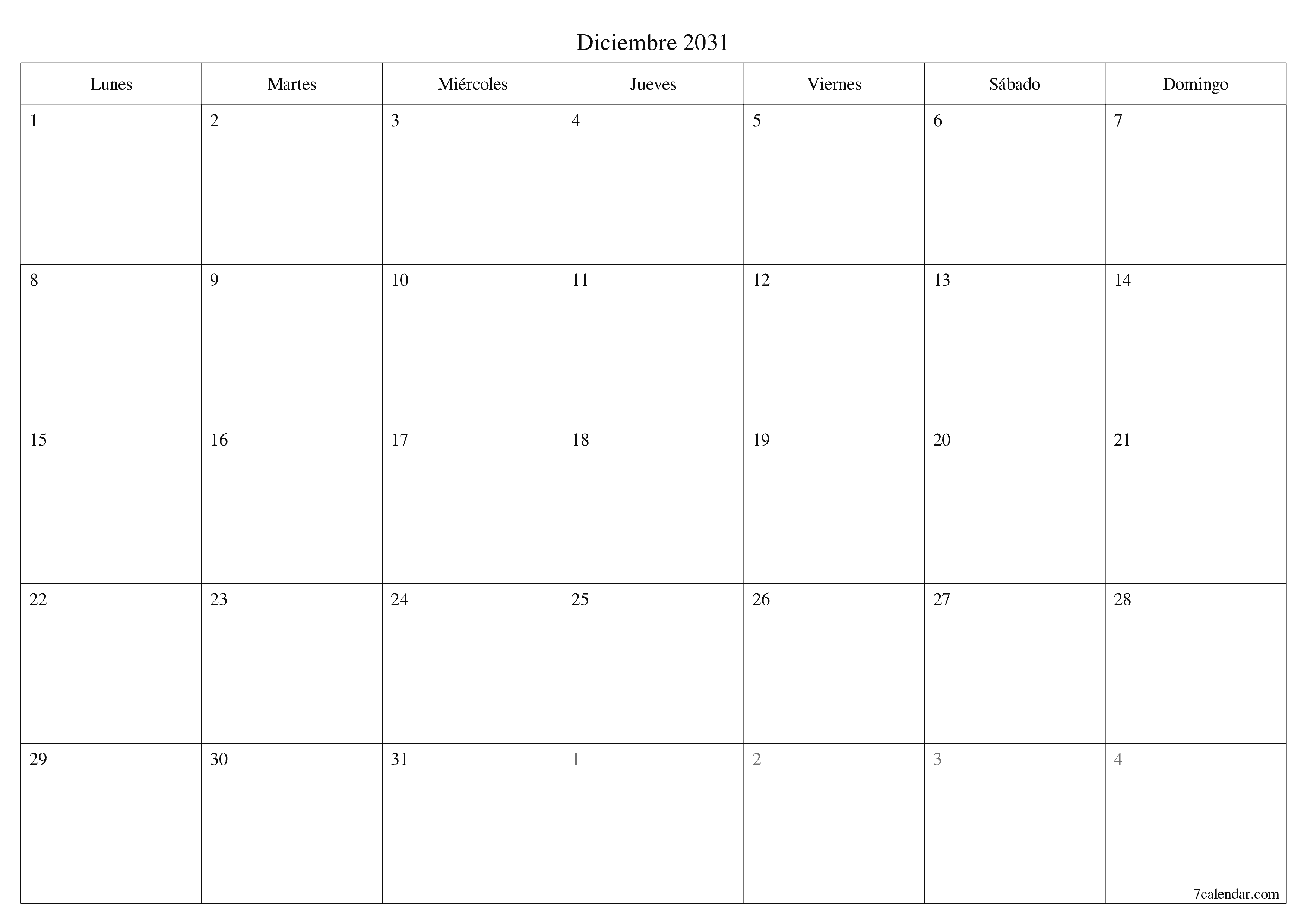 Planificador mensual vacío para el mes Diciembre 2031 con notas, guardar e imprimir en PDF PNG Spanish
