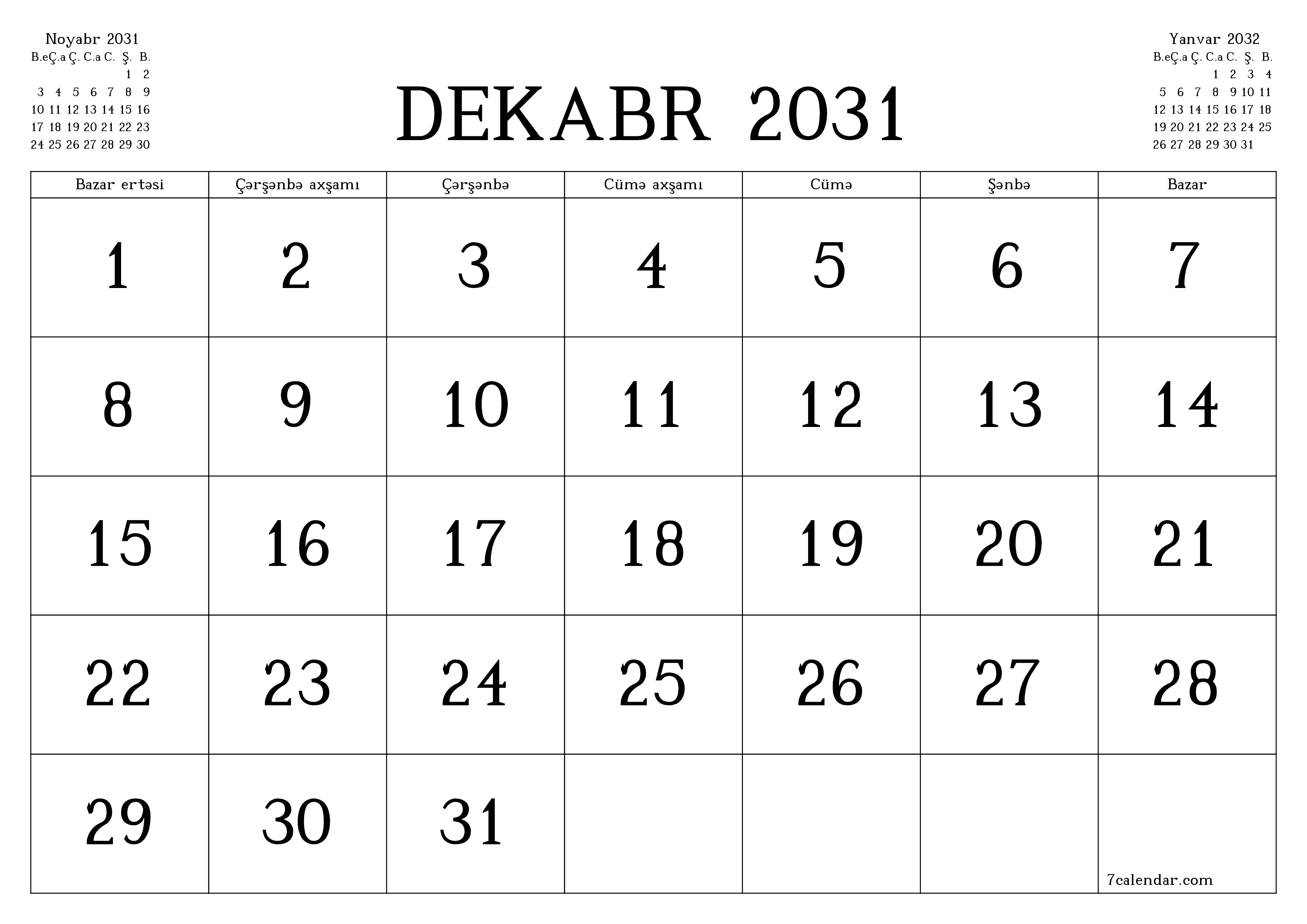 Dekabr 2031 ayı üçün qeydlər ilə boş aylıq planlayıcı, qeyd edin və PDF-ə yazdırın PNG Azerbaijani