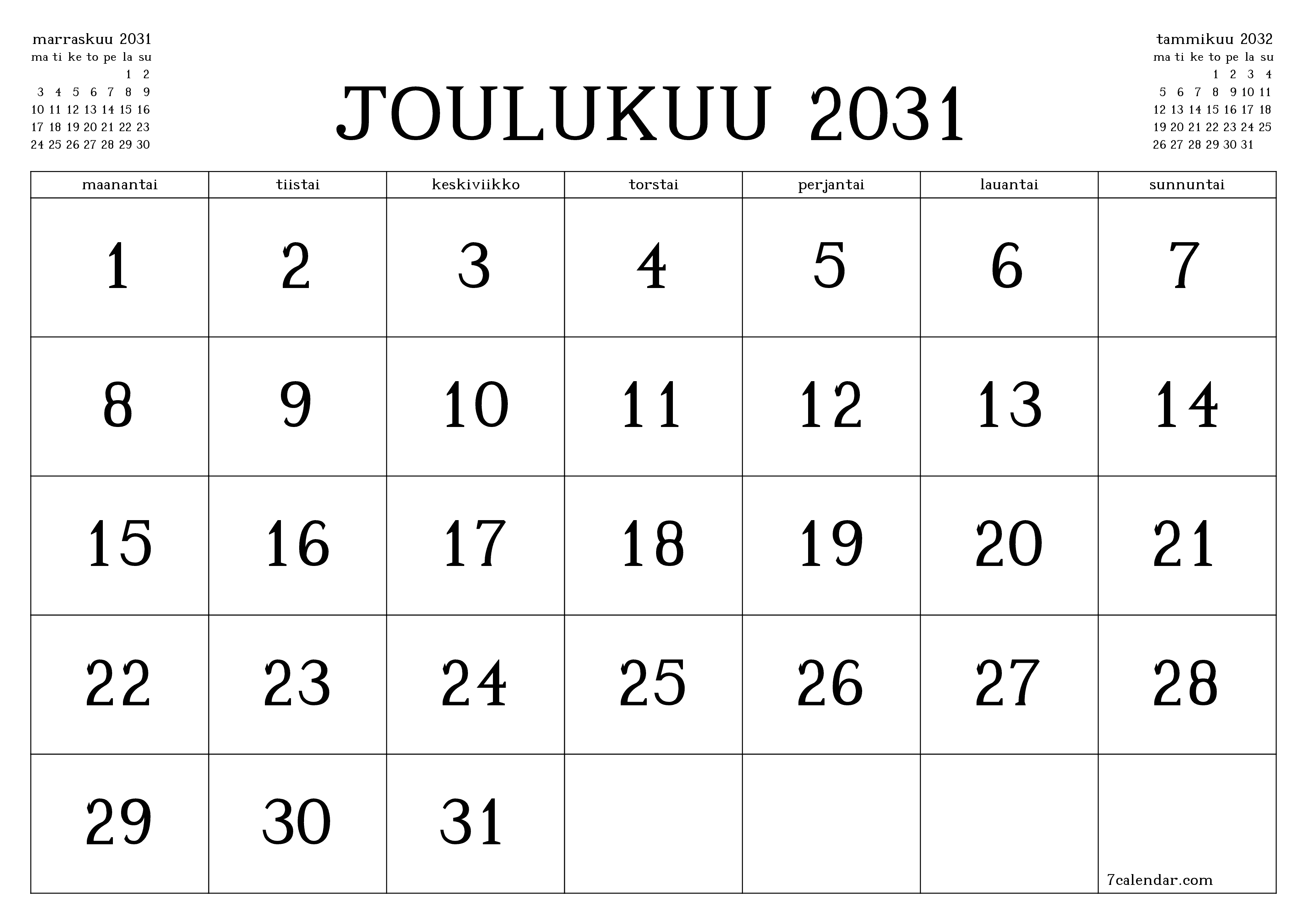 Tyhjennä kuukausittainen suunnittelija kuukaudelle Joulukuu 2031 muistiinpanoilla, tallenna ja tulosta PDF-muotoon PNG Finnish