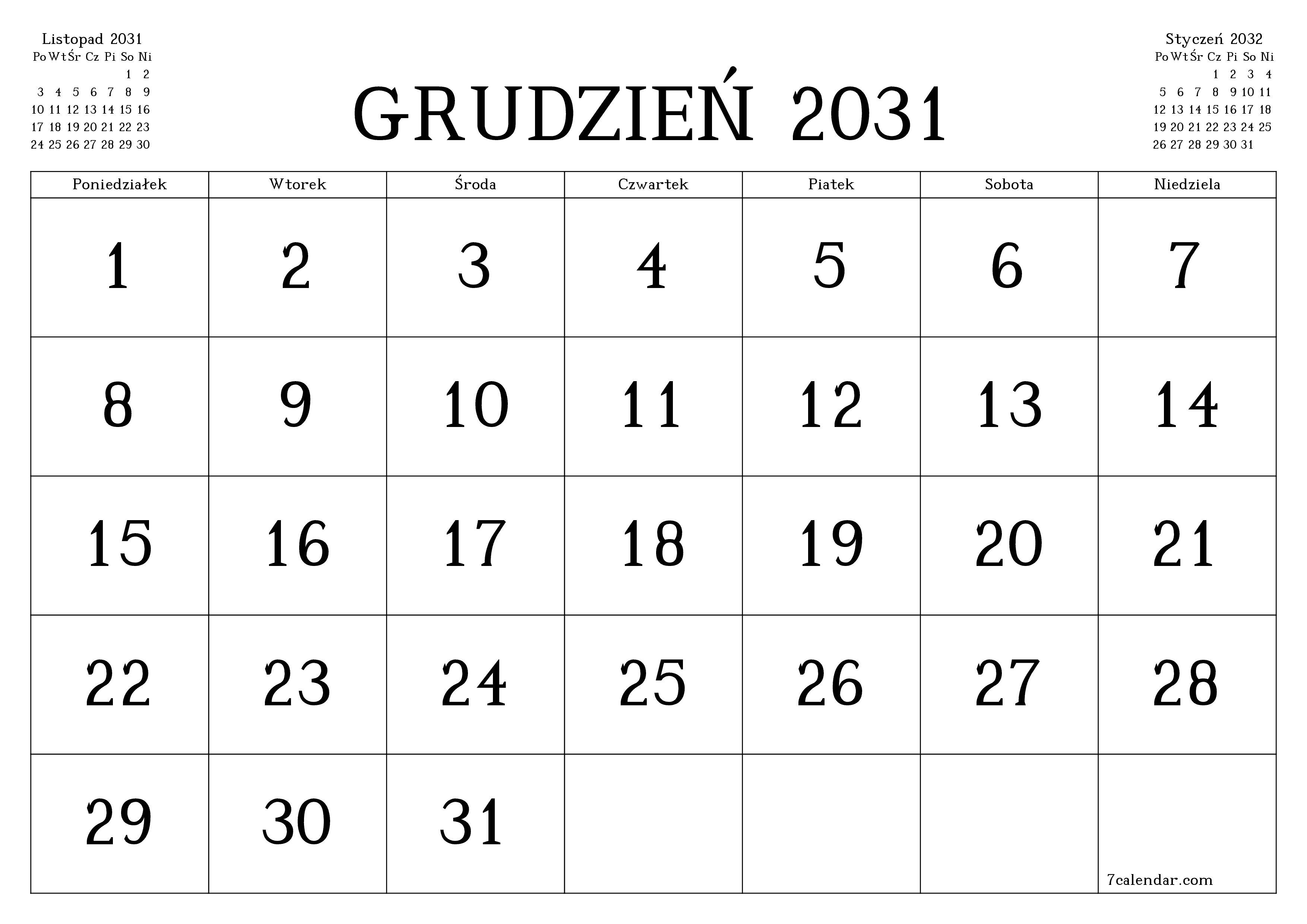 Opróżnij miesięczny planer na miesiąc Grudzień 2031 z notatkami, zapisz i wydrukuj w formacie PDF PNG Polish