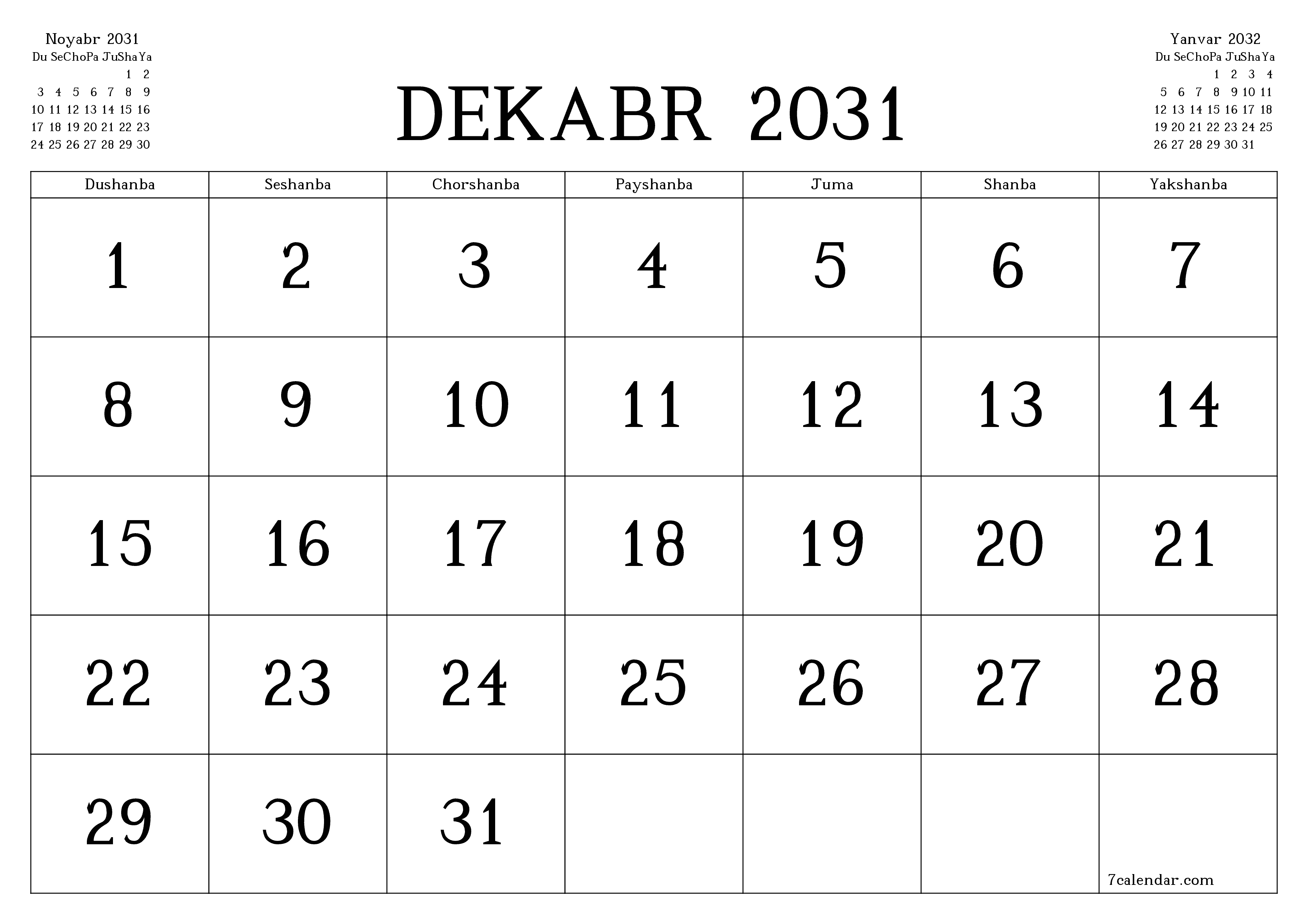 Dekabr 2031 oylik oylik rejalashtiruvchini yozuvlar bilan bo'shatish, saqlash va PDF-ga chop etish PNG Uzbek