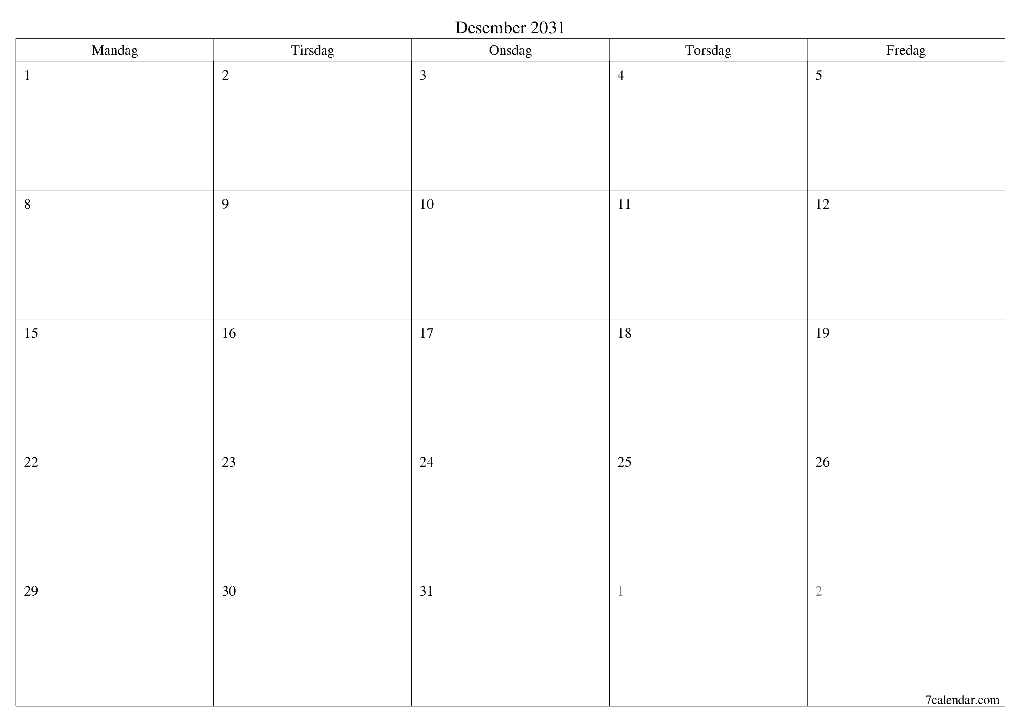 Tom månedlig planlegger for måned Desember 2031 med notater, lagre og skriv ut til PDF PNG Norwegian