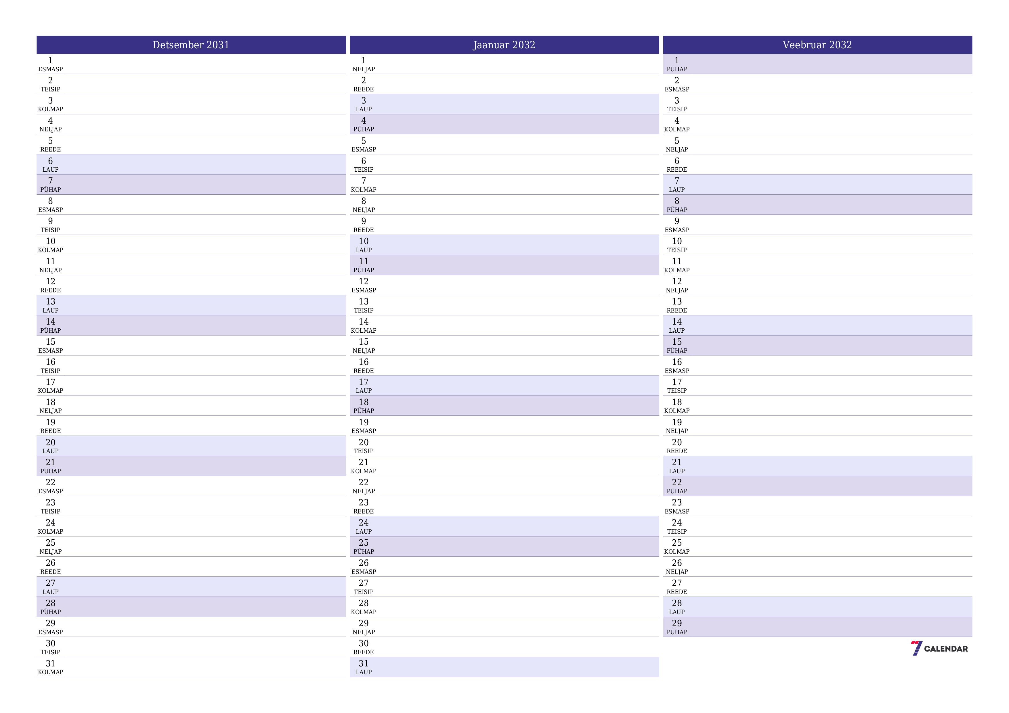 Tühjendage kuu Detsember 2031 kuuplaneerija märkmetega, salvestage ja printige PDF-i PNG Estonian