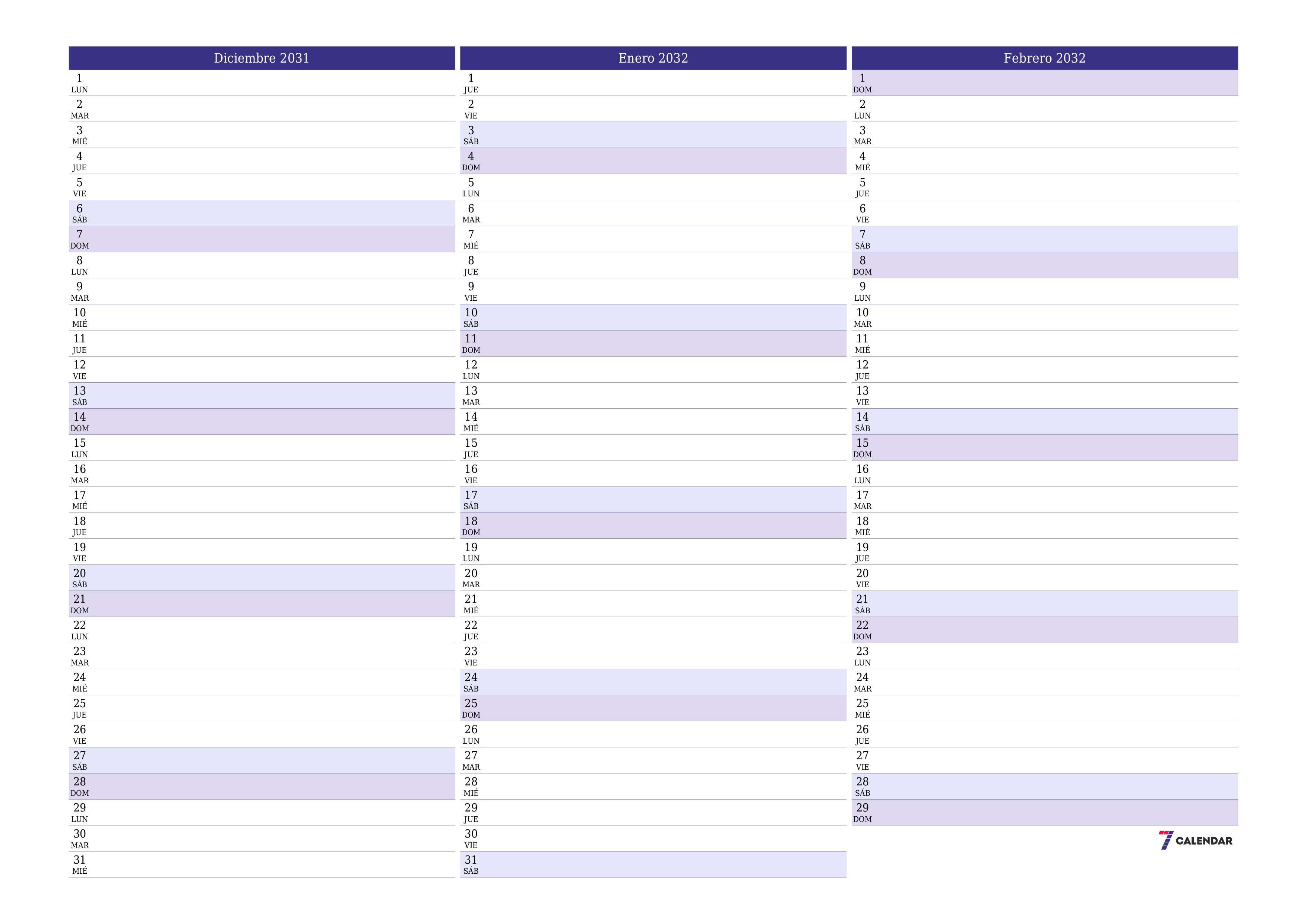 Planificador mensual vacío para el mes Diciembre 2031 con notas, guardar e imprimir en PDF PNG Spanish