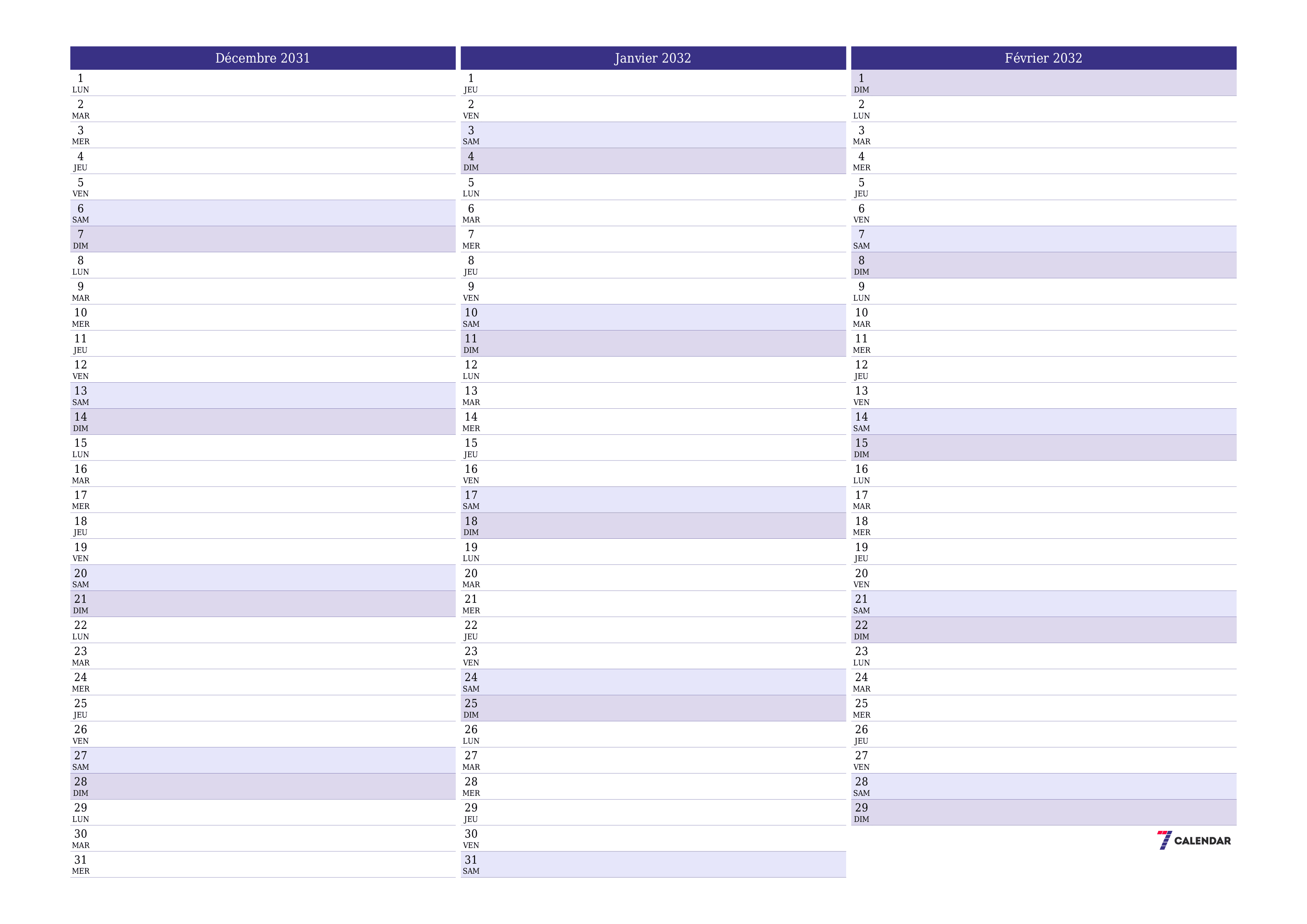 Agenda mensuel vide pour le mois Décembre 2031 avec notes, enregistrez et imprimez au format PDF PNG French