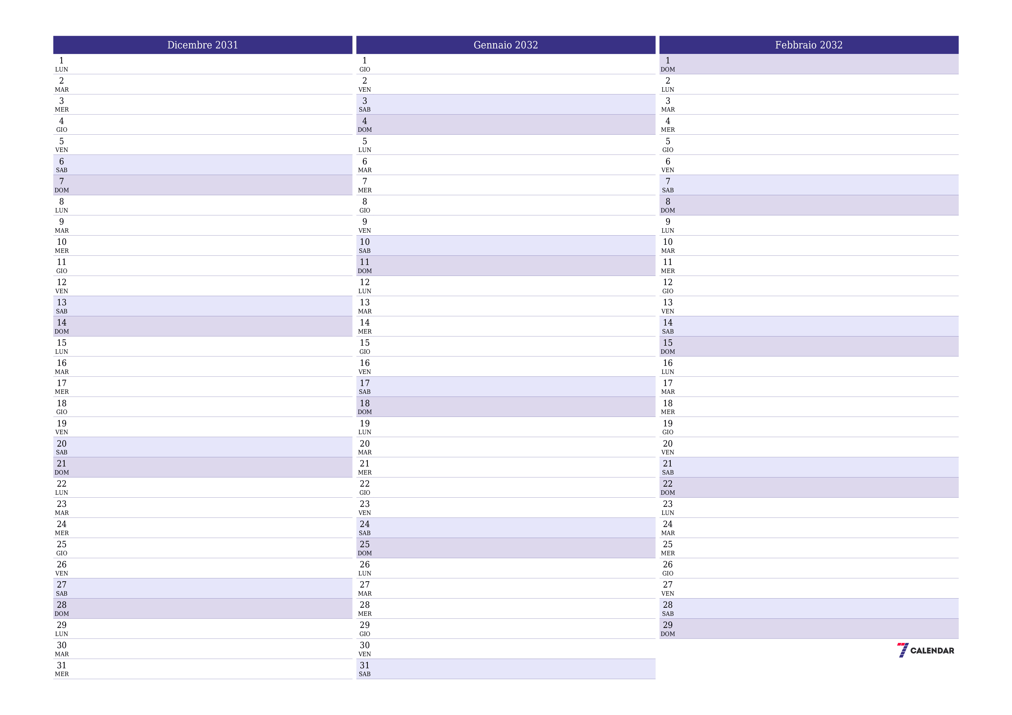 Pianificatore mensile vuoto per il mese Dicembre 2031 con note, salva e stampa in PDF PNG Italian