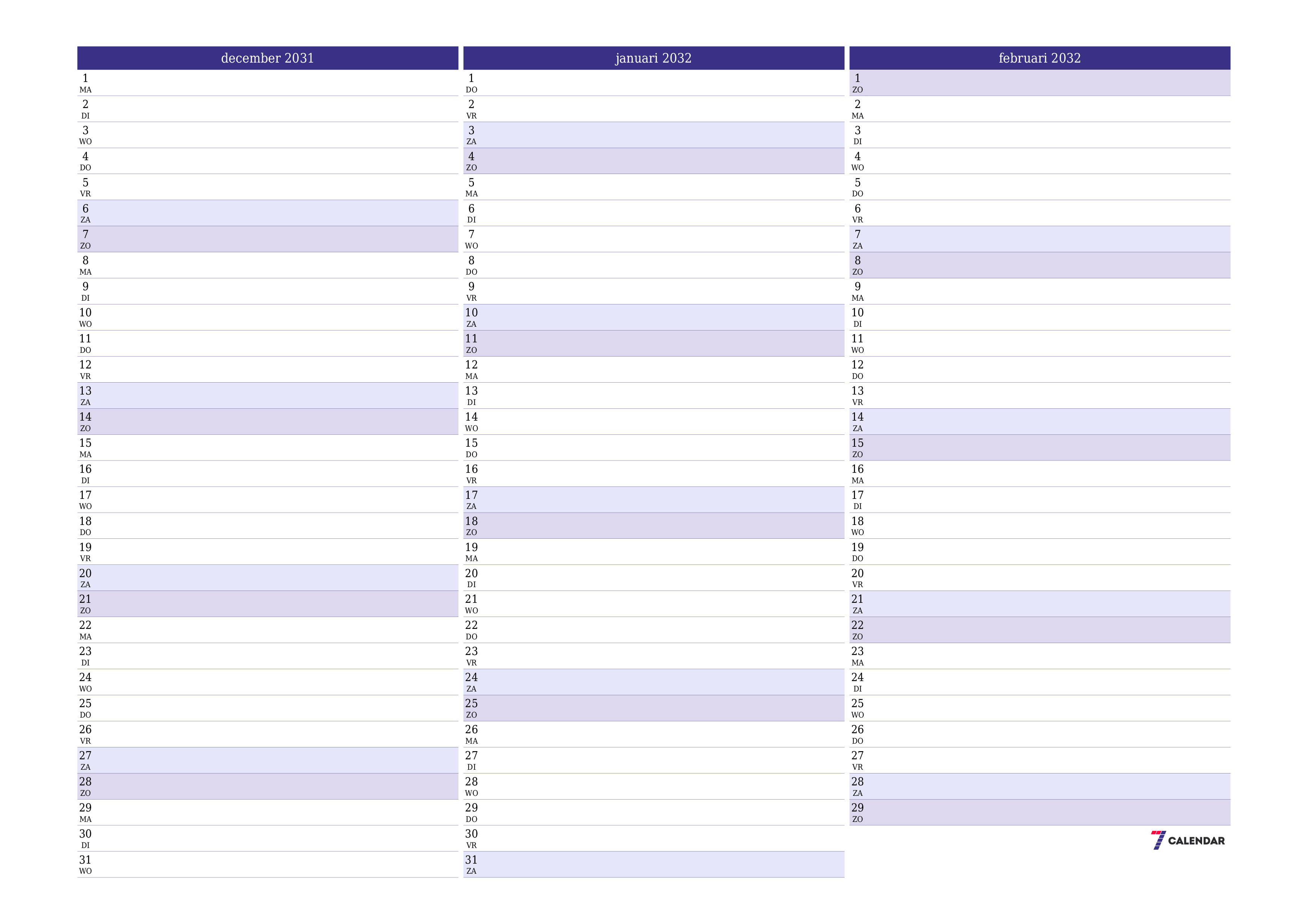 Lege maandplanner voor maand december 2031 met notities, opslaan en afdrukken naar pdf PNG Dutch