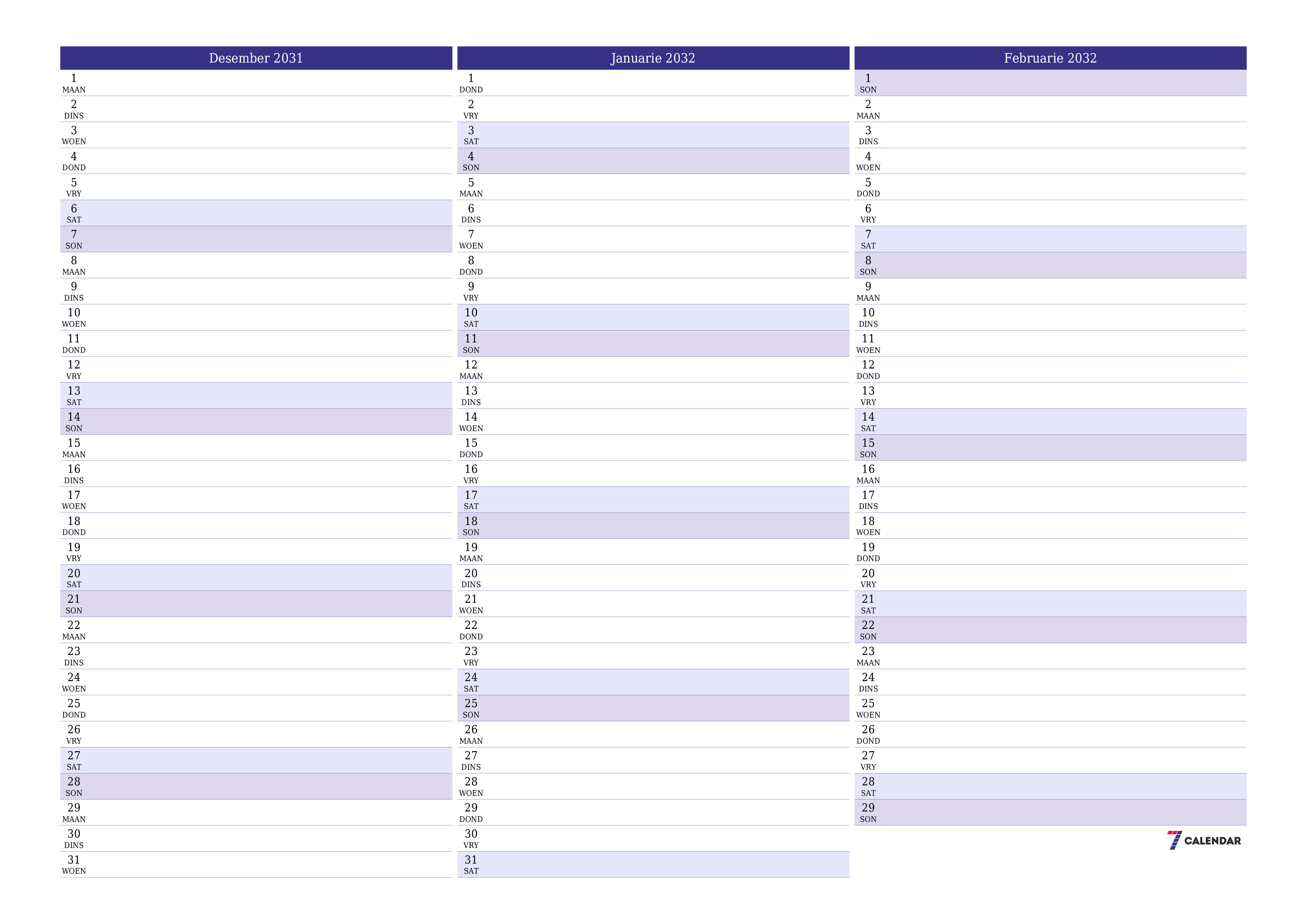 Leë maandelikse drukbare kalender en beplanner vir maand Desember 2031 met notas stoor en druk na PDF PNG Afrikaans