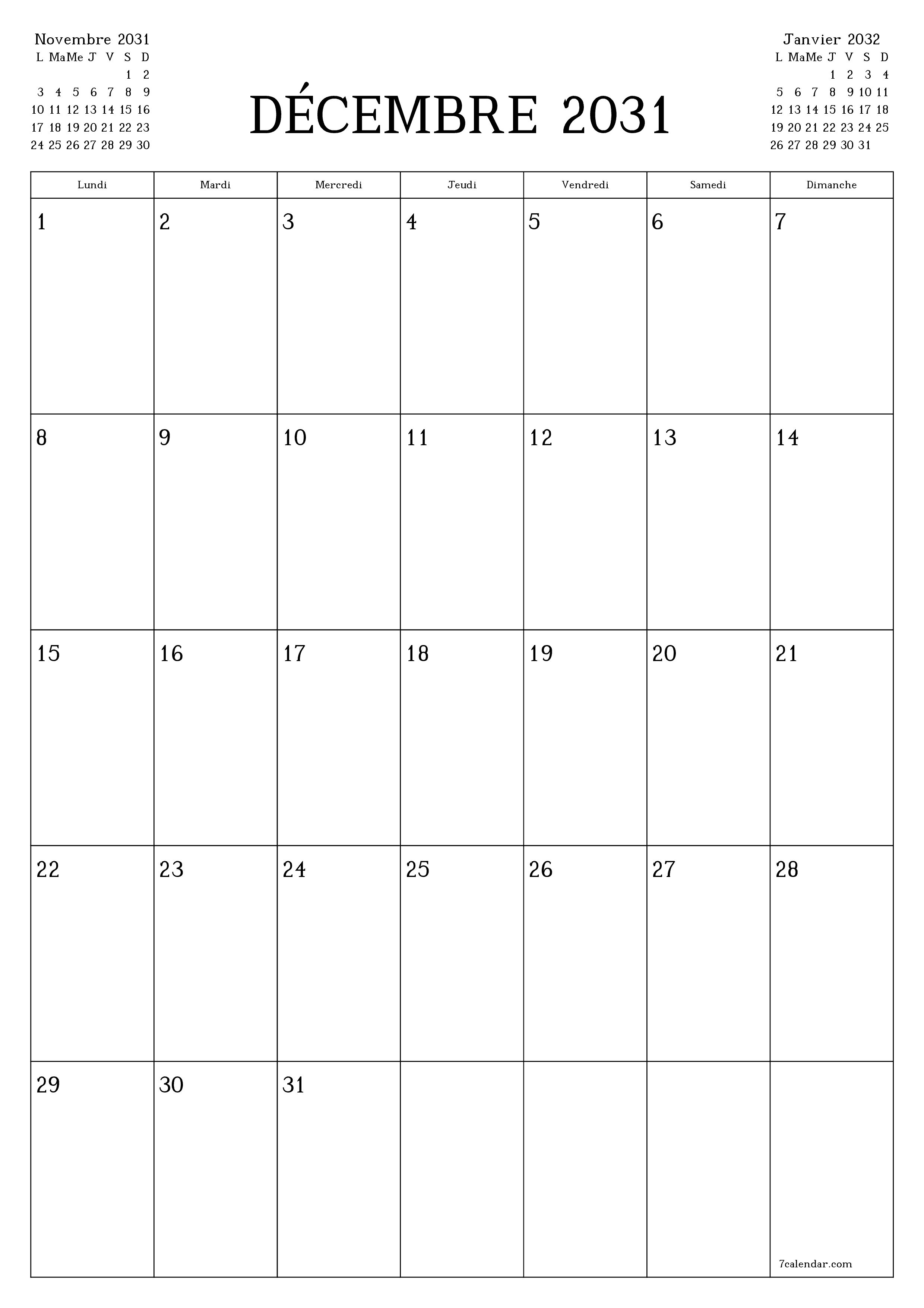  imprimable mural modèle de gratuitverticale Mensuel planificateur calendrier Décembre (Déc) 2031