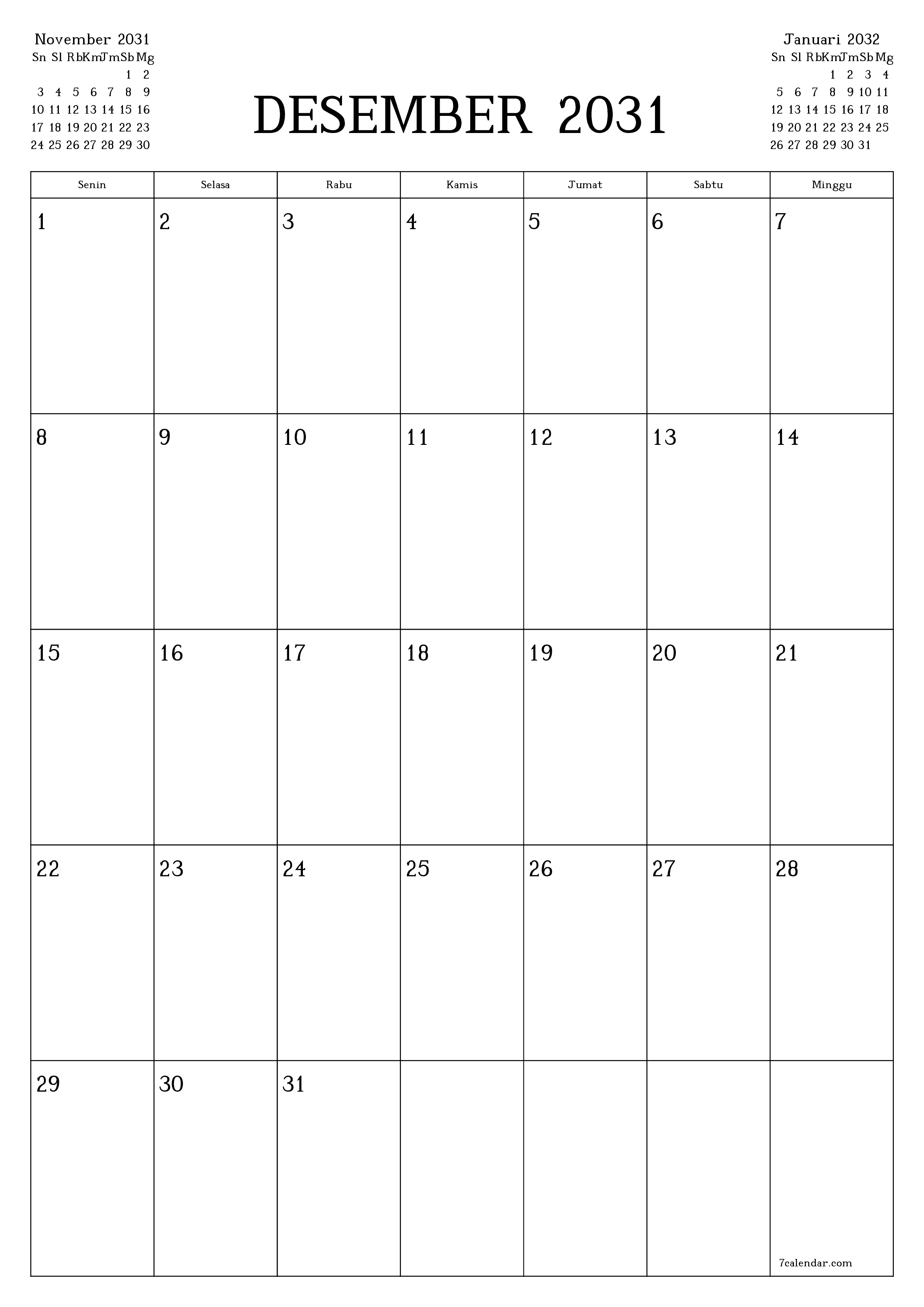  yang dapat dicetak dinding templat gratisvertikal Bulanan perencana kalender Desember (Des) 2031