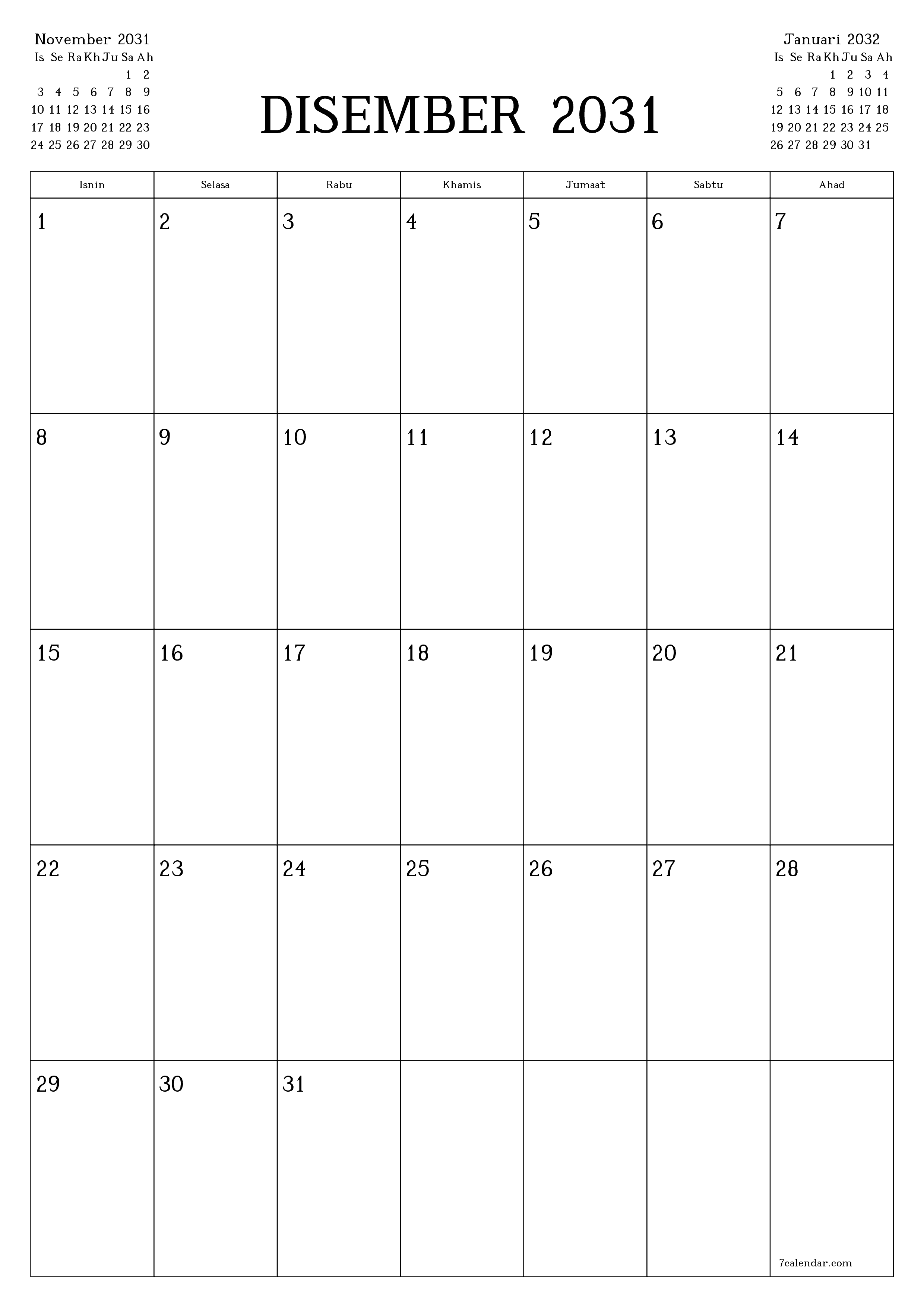  boleh cetak dinding templat percumamenegak Bulanan perancang kalendar Disember (Dis) 2031