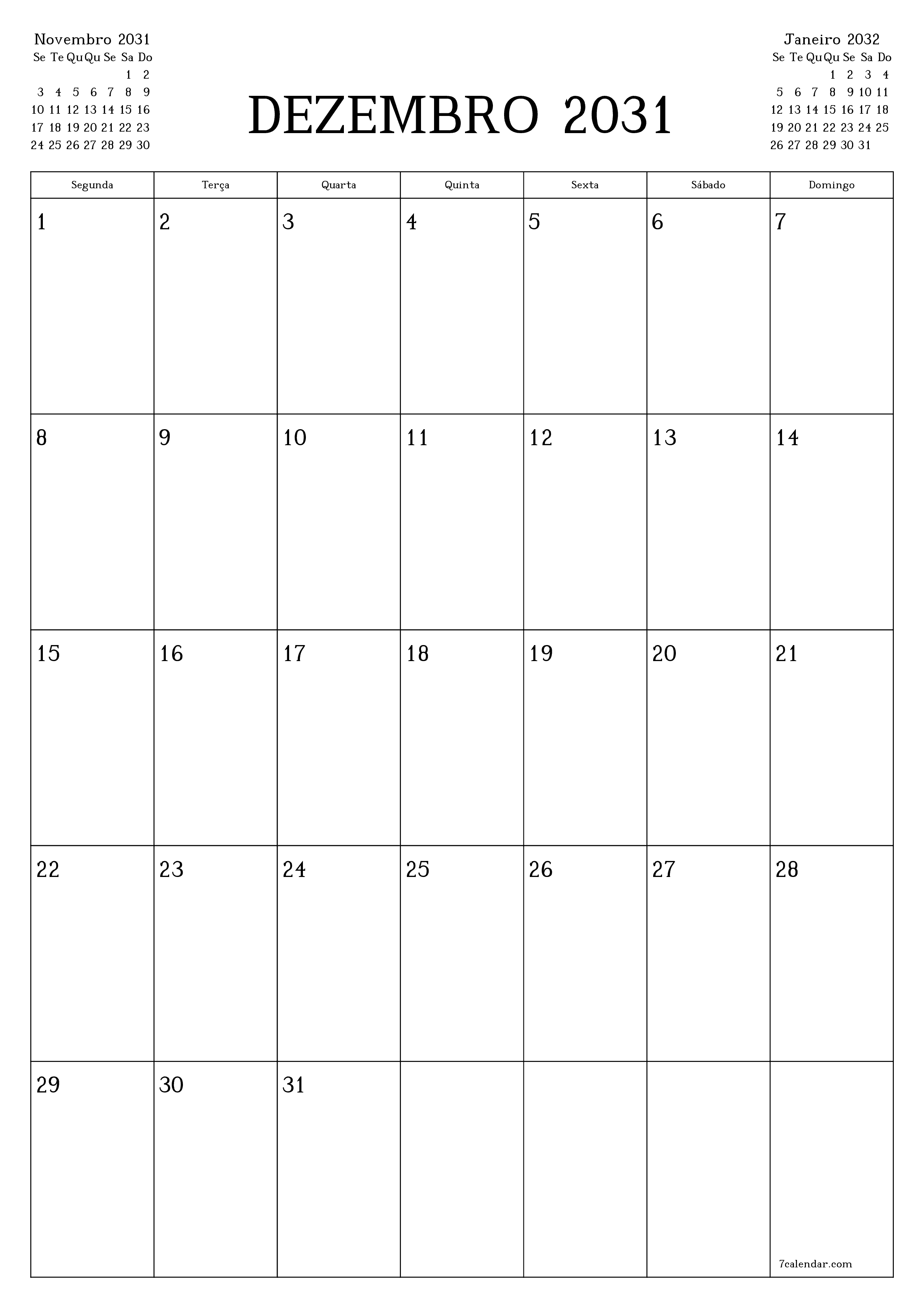  para impressão de parede modelo de grátisvertical Mensal planejador calendário Dezembro (Dez) 2031