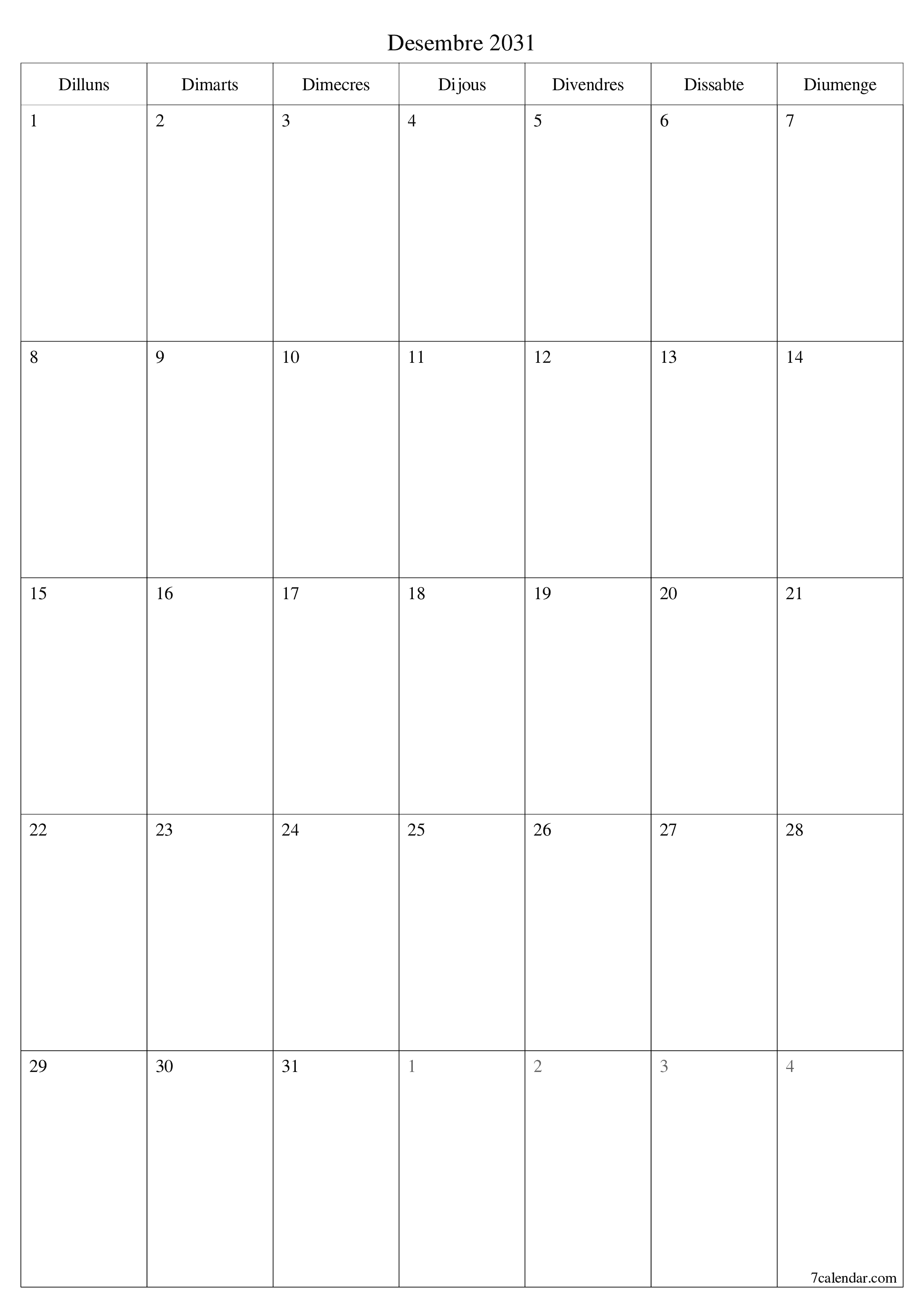  imprimible de paret plantilla de gratuïtvertical Mensual planificador calendari Desembre (Des) 2031