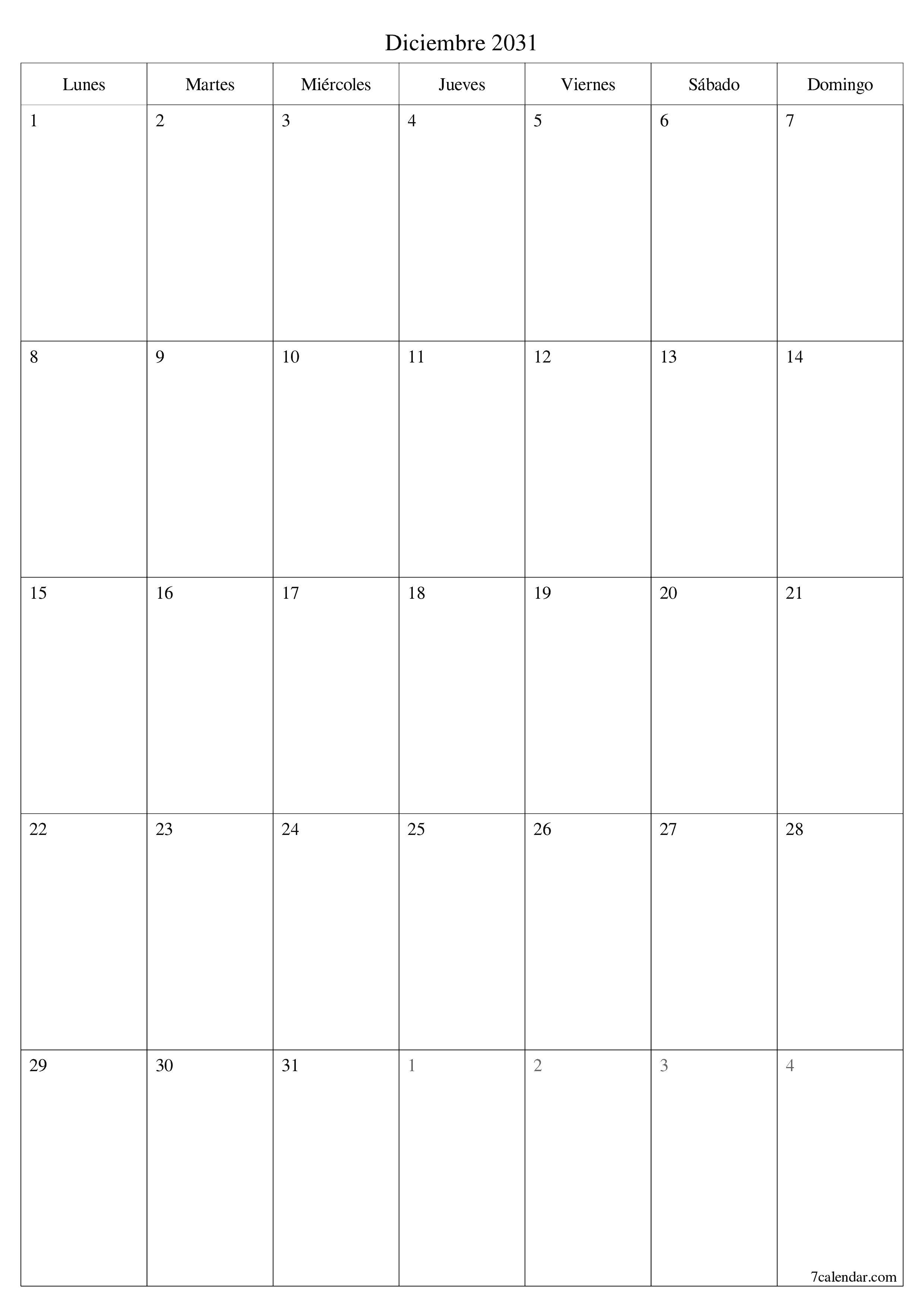  imprimible de pared plantilla de gratisvertical Mensual planificador calendario Diciembre (Dic) 2031