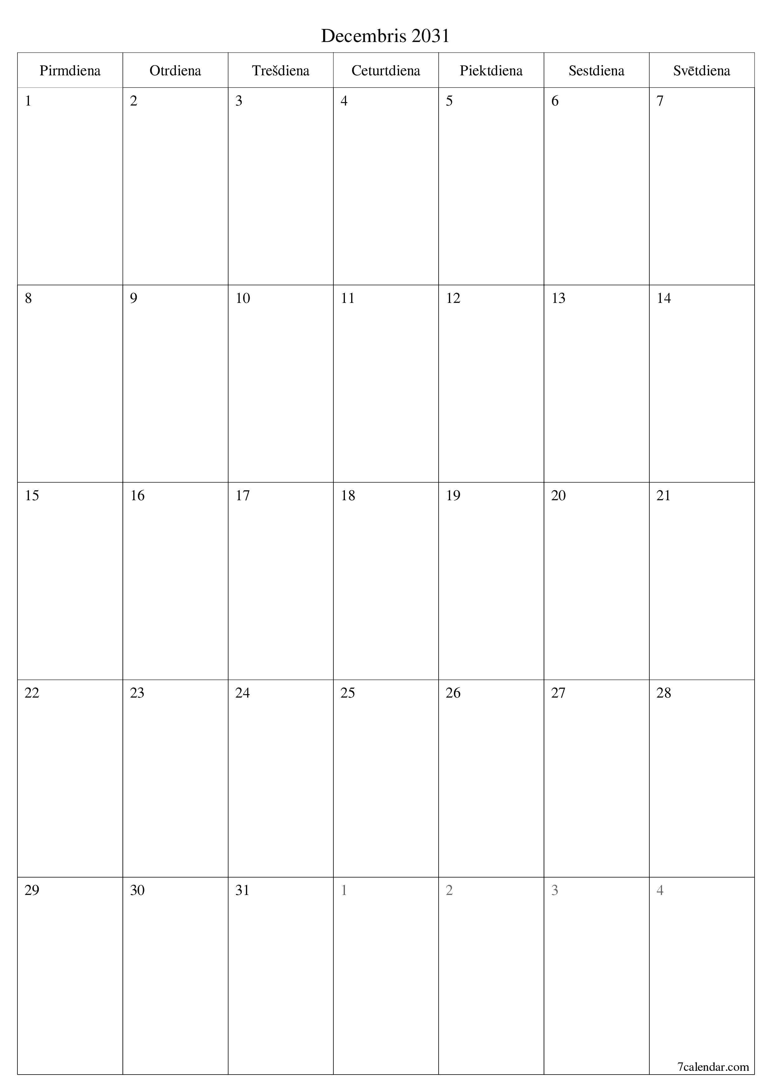izdrukājams sienas kalendāra veidne bezmaksas vertikāli Mēneša plānotājs kalendārs Decembris (Dec) 2031