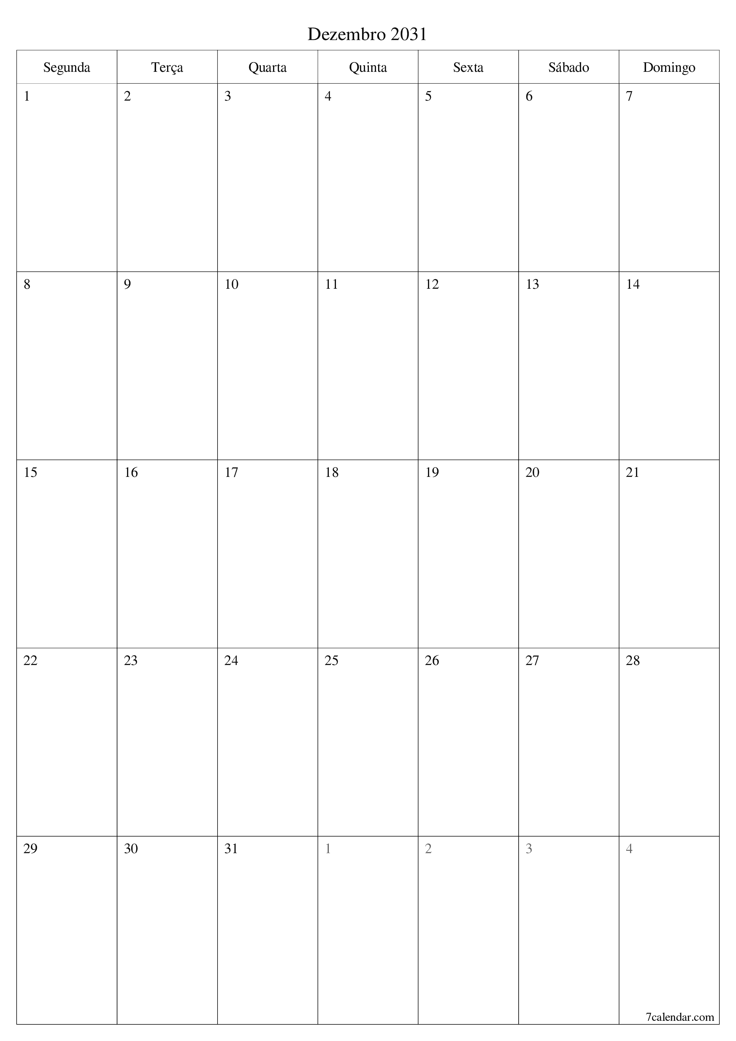  para impressão de parede modelo de grátisvertical Mensal planejador calendário Dezembro (Dez) 2031