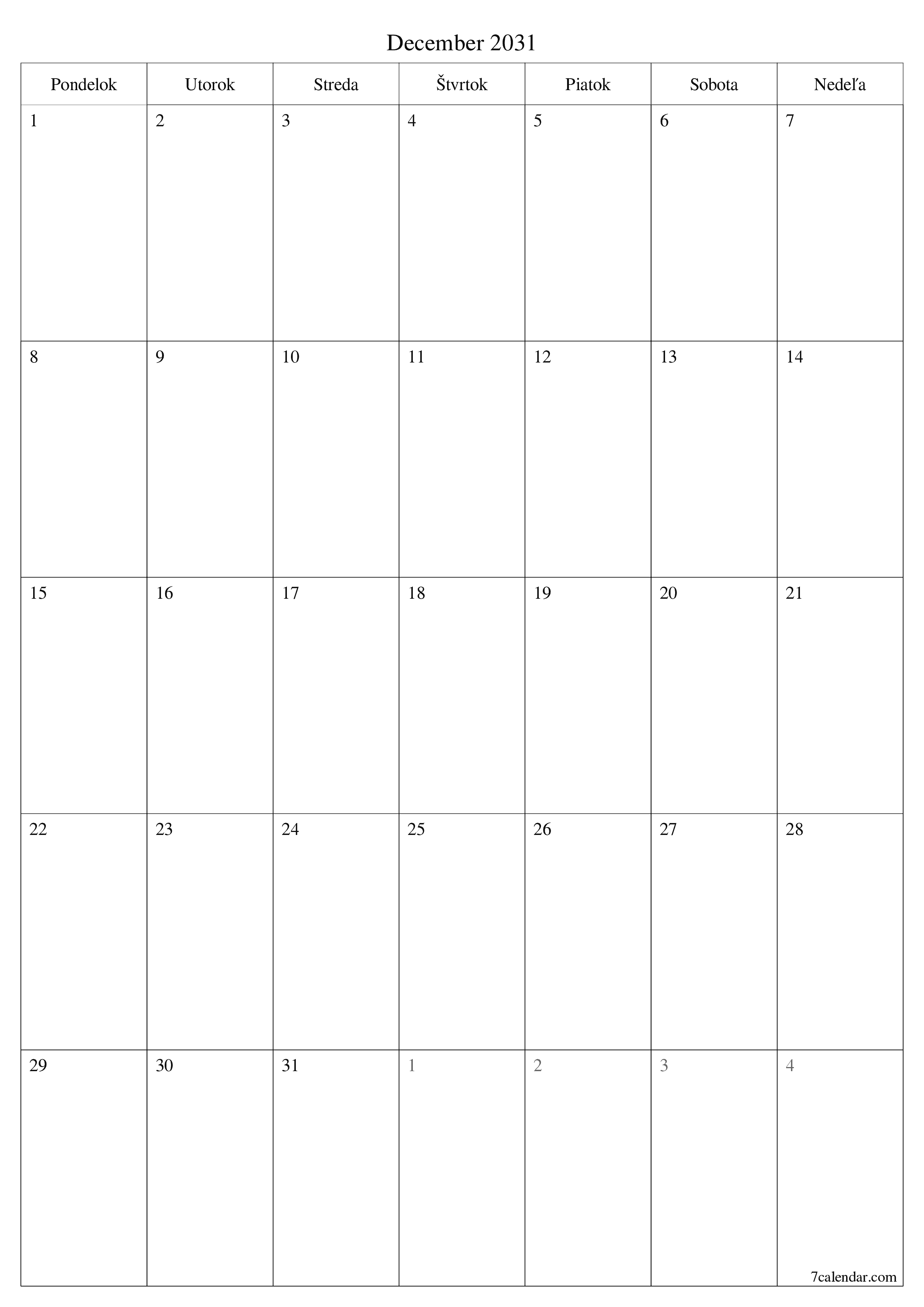 vytlačiteľný nástenný šablóna a bezplatný вертикальный Mesačne plánovač kalendár December (Dec) 2031