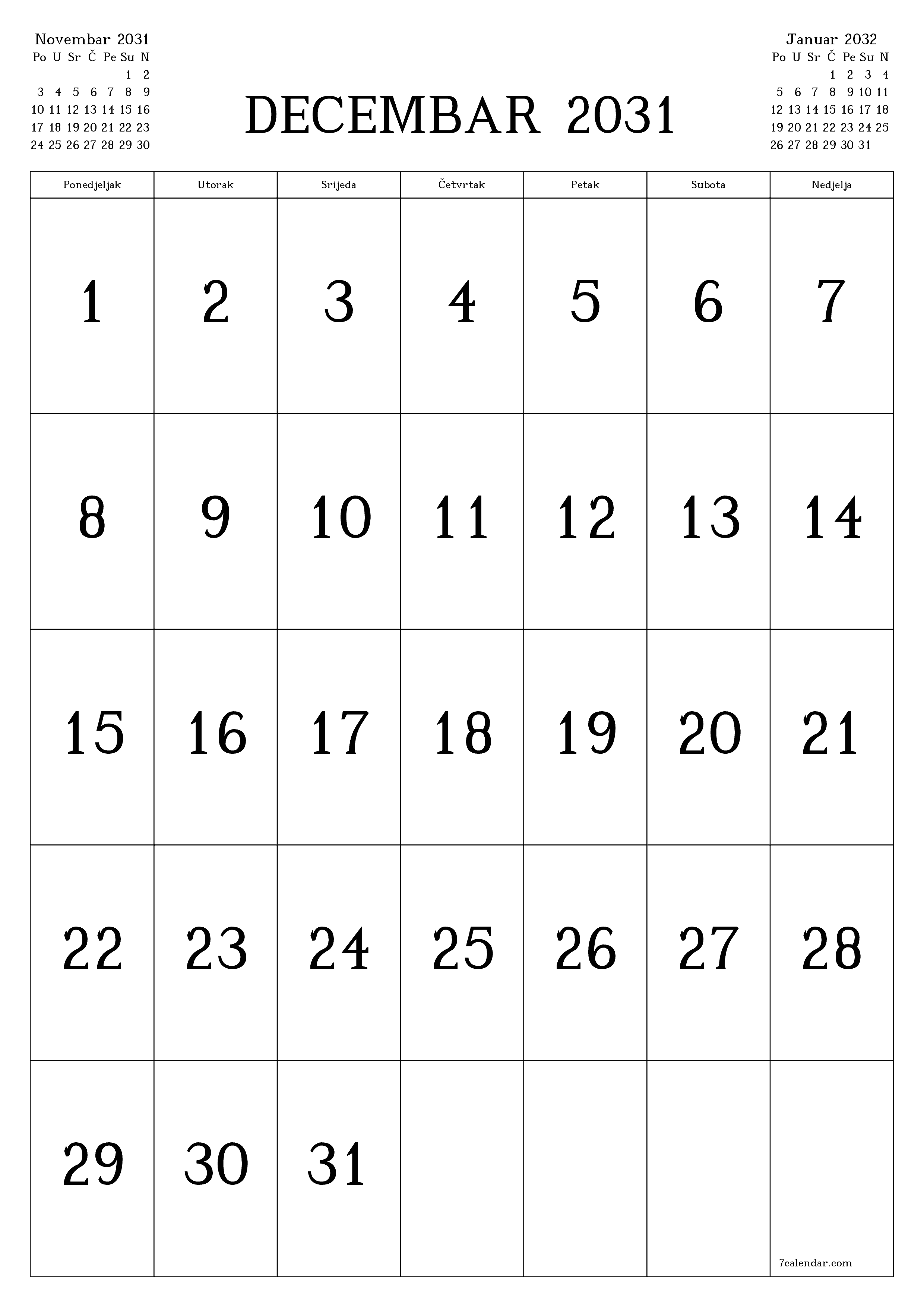  za štampanje zidni šablon a besplatni vertikalno Mjesečno kalendar Decembar (Dec) 2031