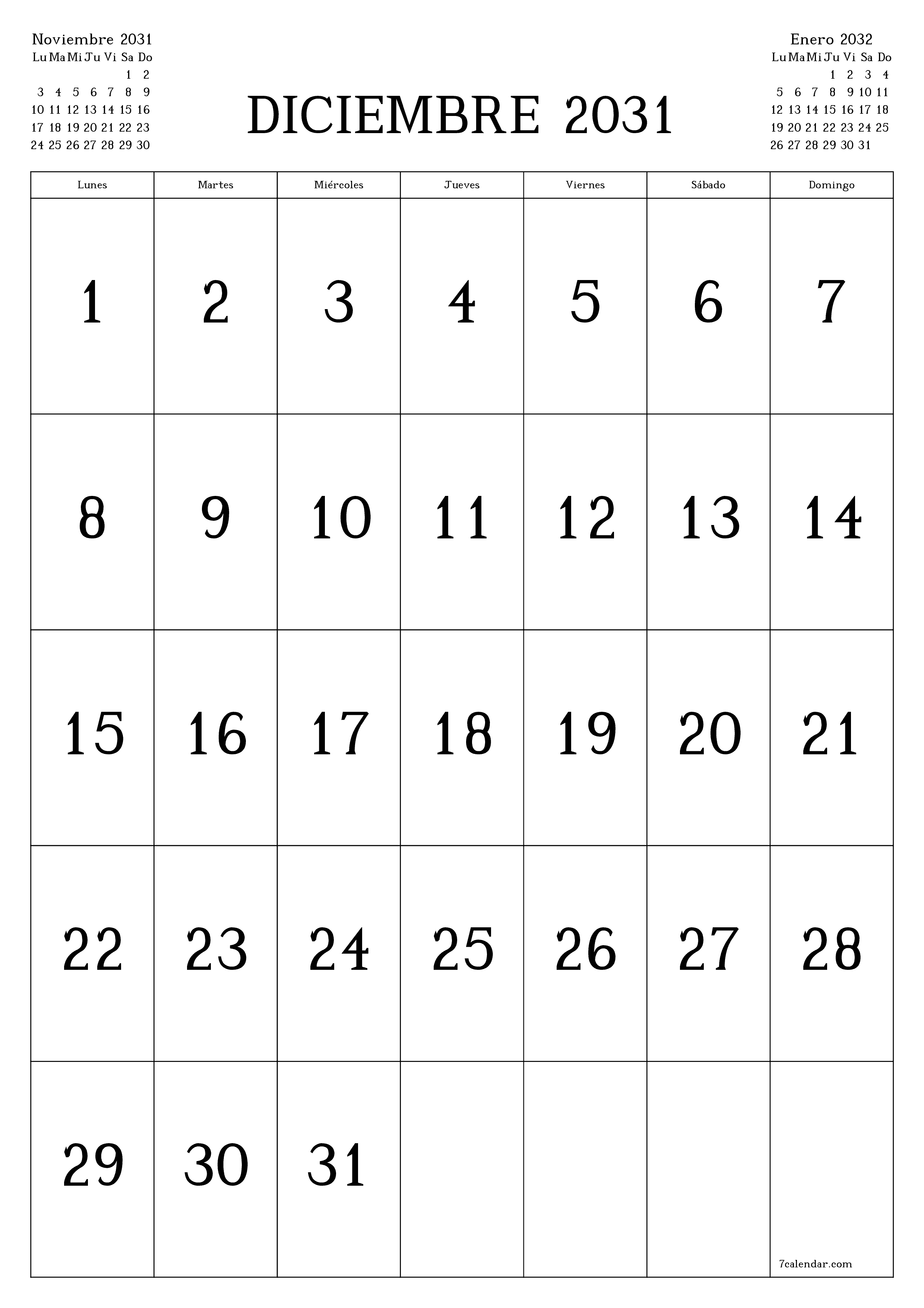  imprimible de pared plantilla de gratisvertical Mensual calendario Diciembre (Dic) 2031