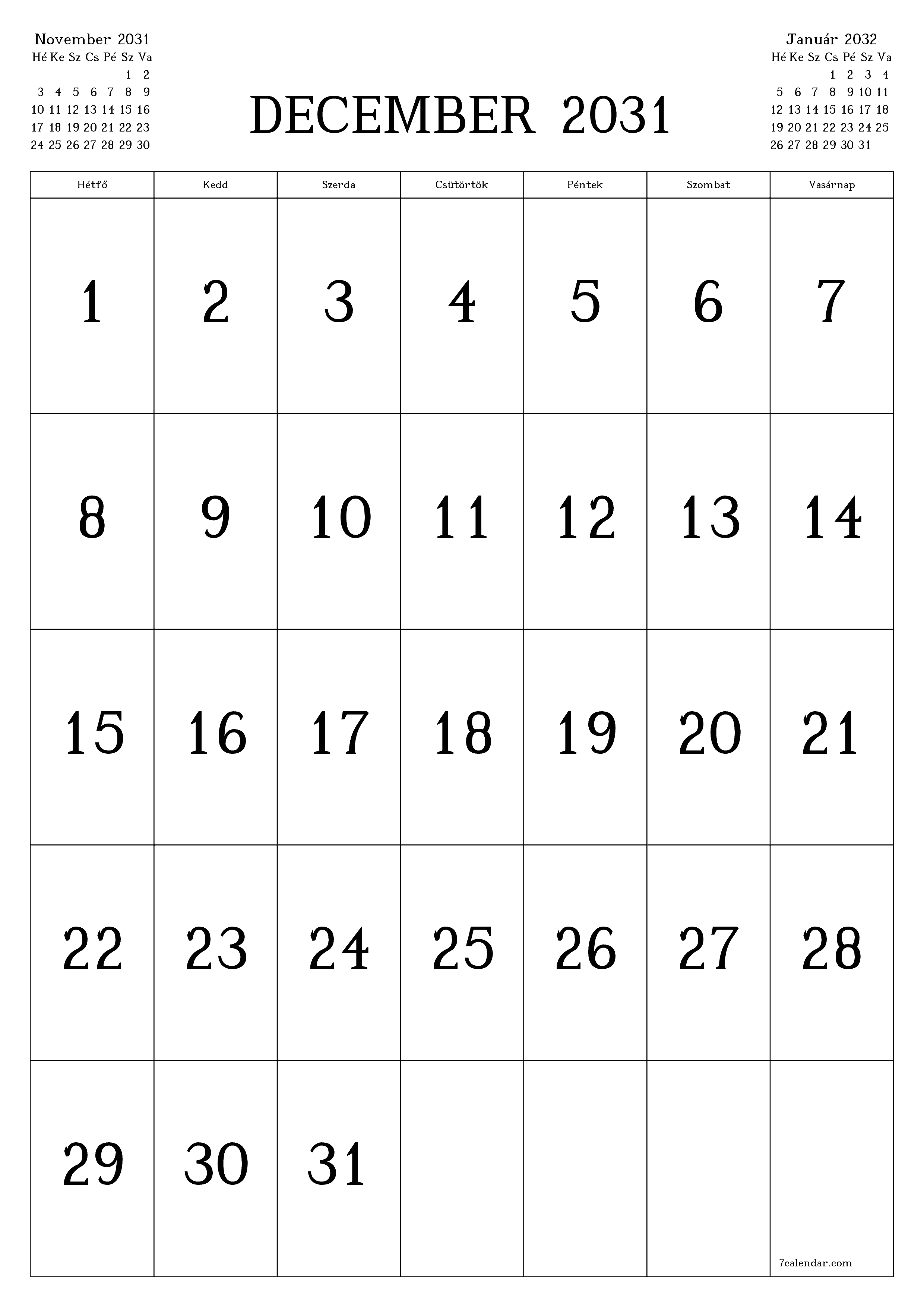 nyomtatható fali sablon ingyenes függőleges Havi naptár December (Dec) 2031