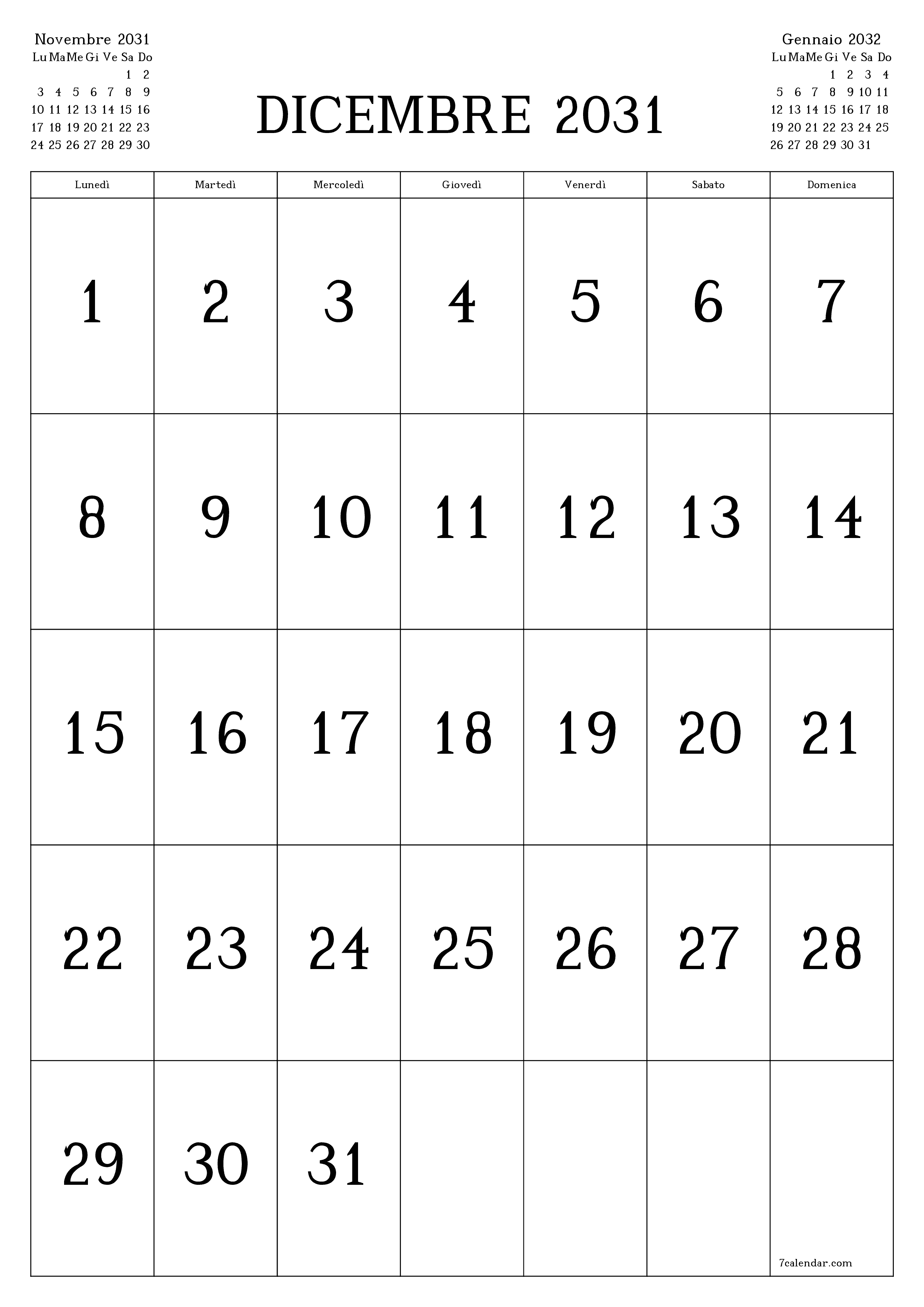  stampabile da parete modello di gratuitoverticale Mensile calendario Dicembre (Dic) 2031