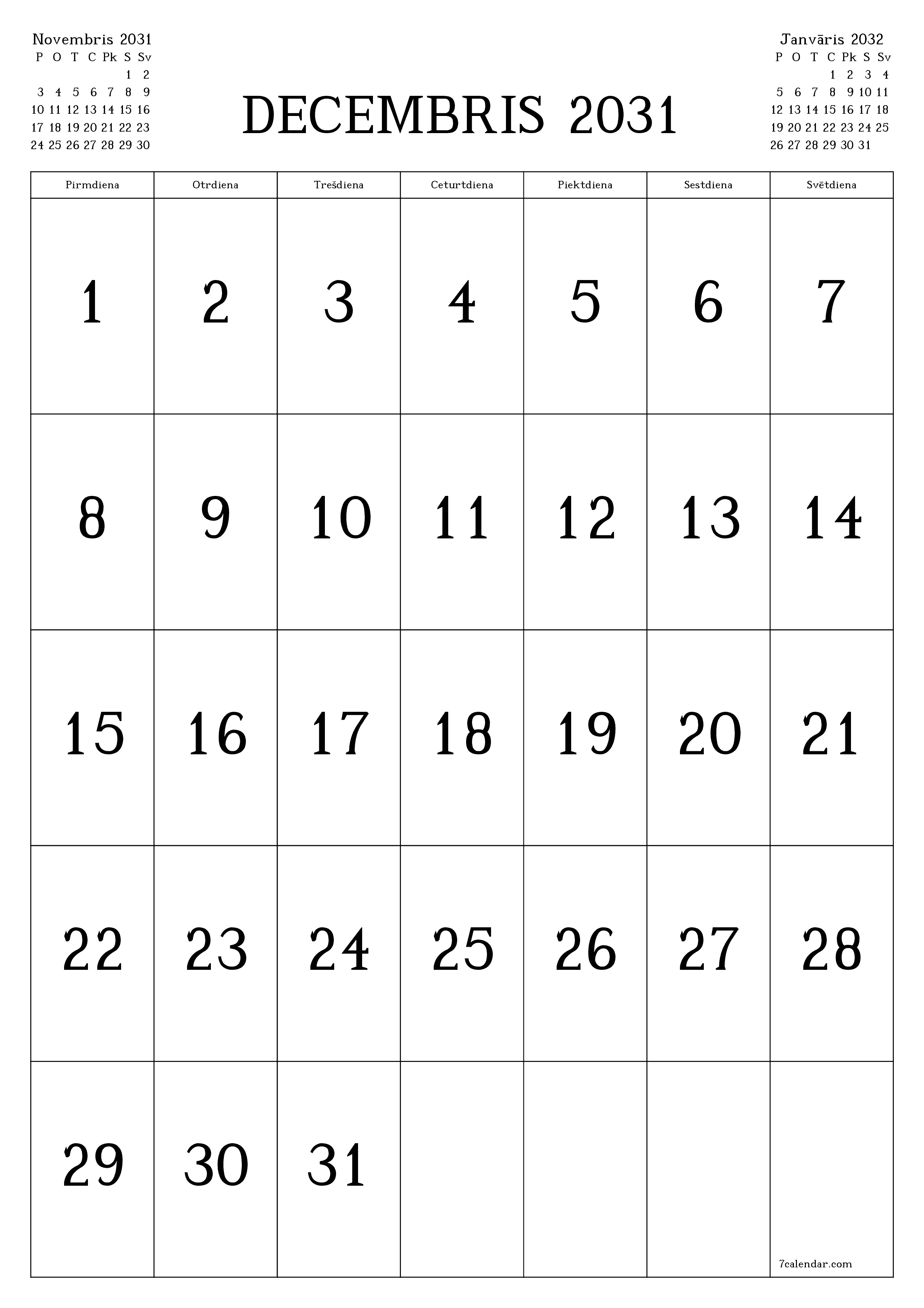 izdrukājams sienas kalendāra veidne bezmaksas vertikāli Mēneša kalendārs Decembris (Dec) 2031