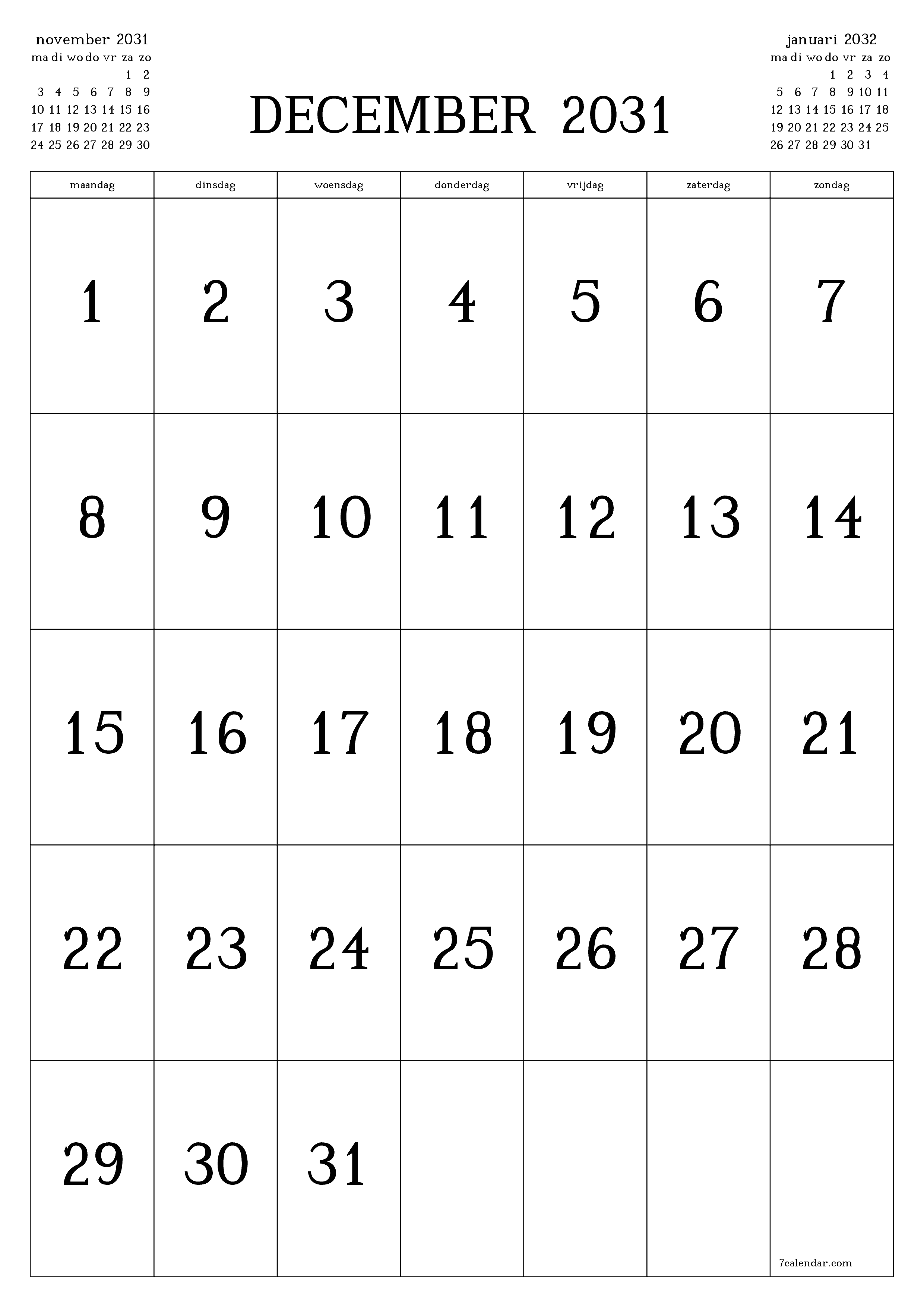 afdrukbare muur sjabloon gratis verticaal Maandelijks kalender december (dec) 2031
