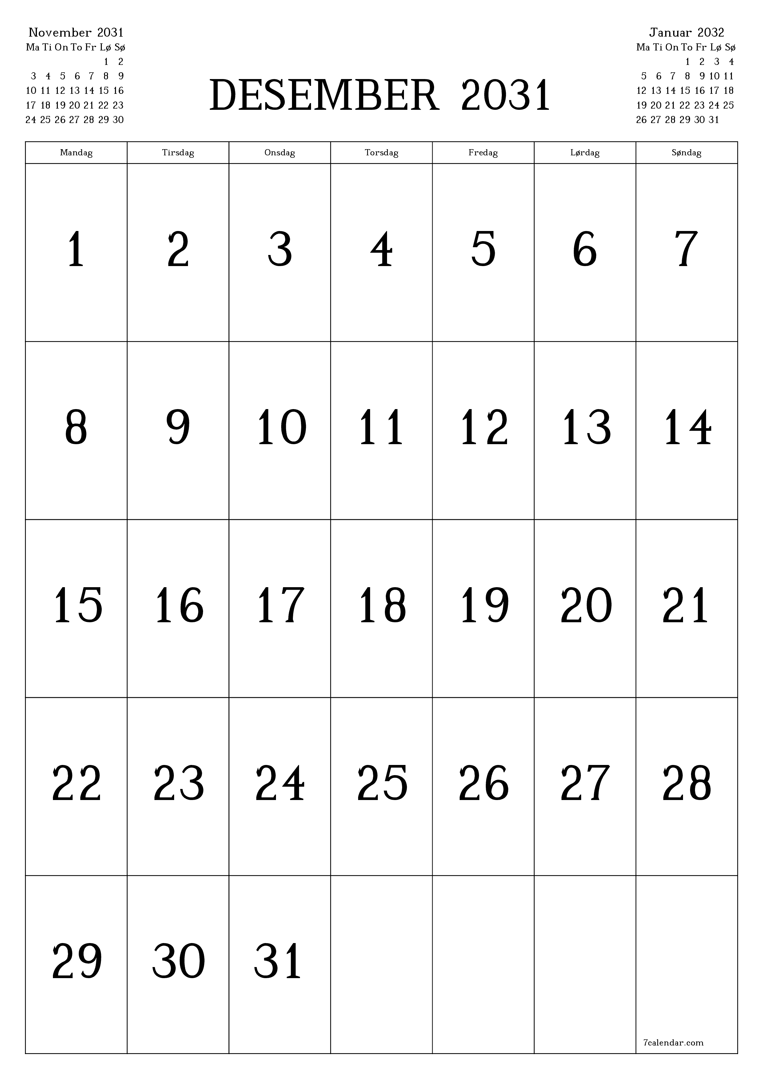 utskrivbar vegg mal gratis vertikal Månedlig kalender Desember (Des) 2031