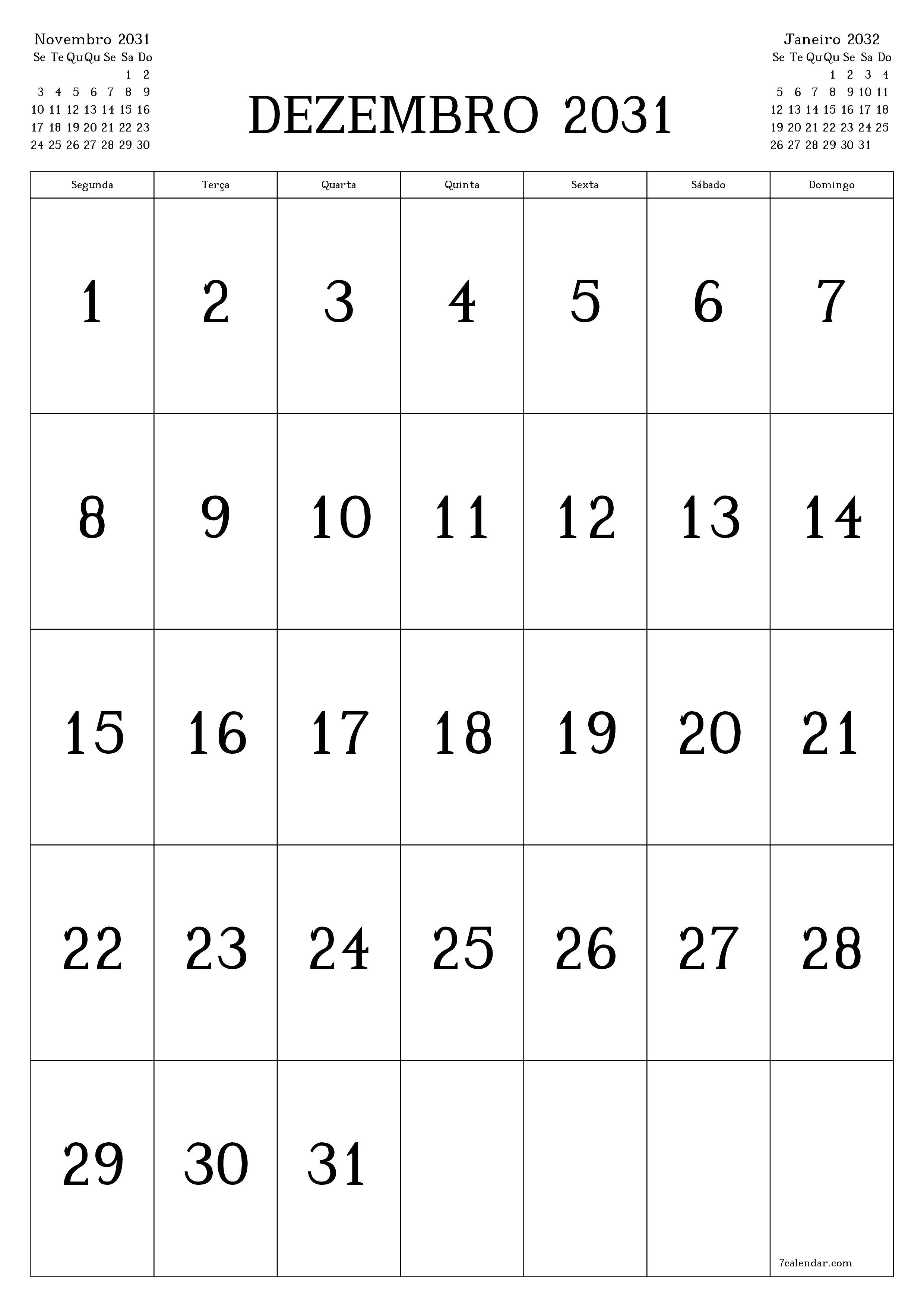  para impressão de parede modelo de grátisvertical Mensal calendário Dezembro (Dez) 2031