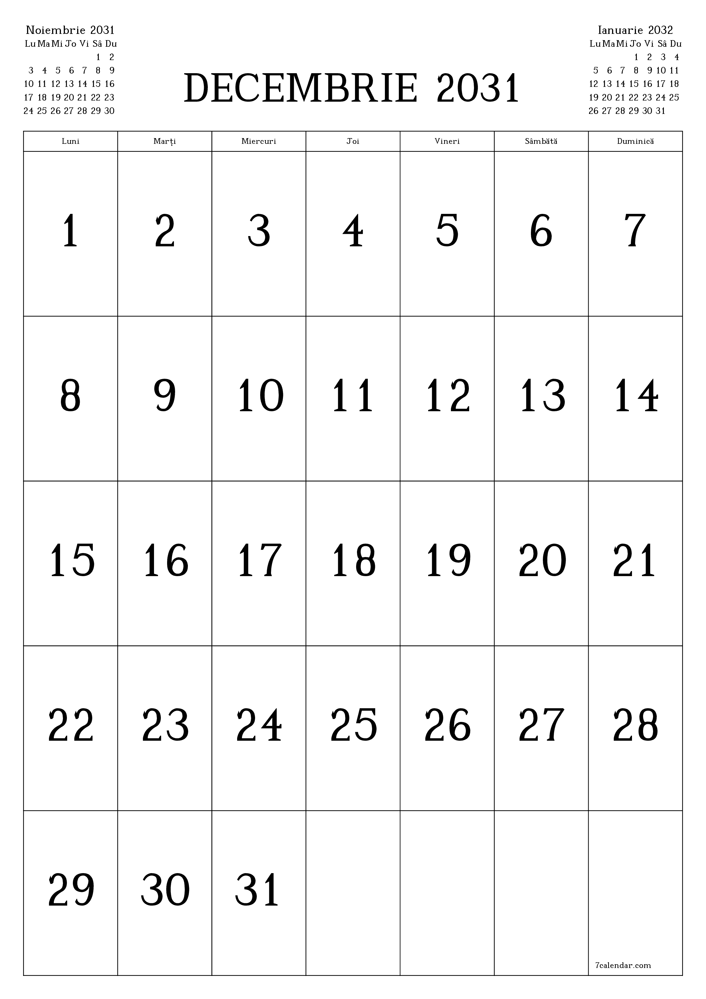  imprimabil de perete șablon de gratuitvertical Lunar calendar Decembrie (Dec) 2031
