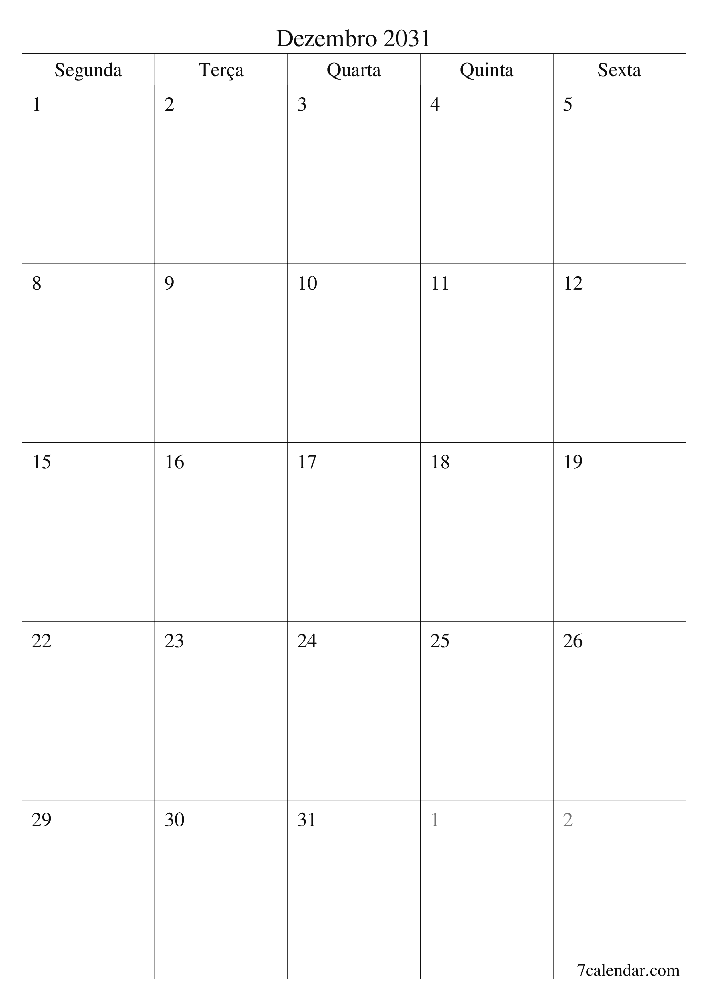  para impressão de parede modelo de grátisvertical Mensal planejador calendário Dezembro (Dez) 2031