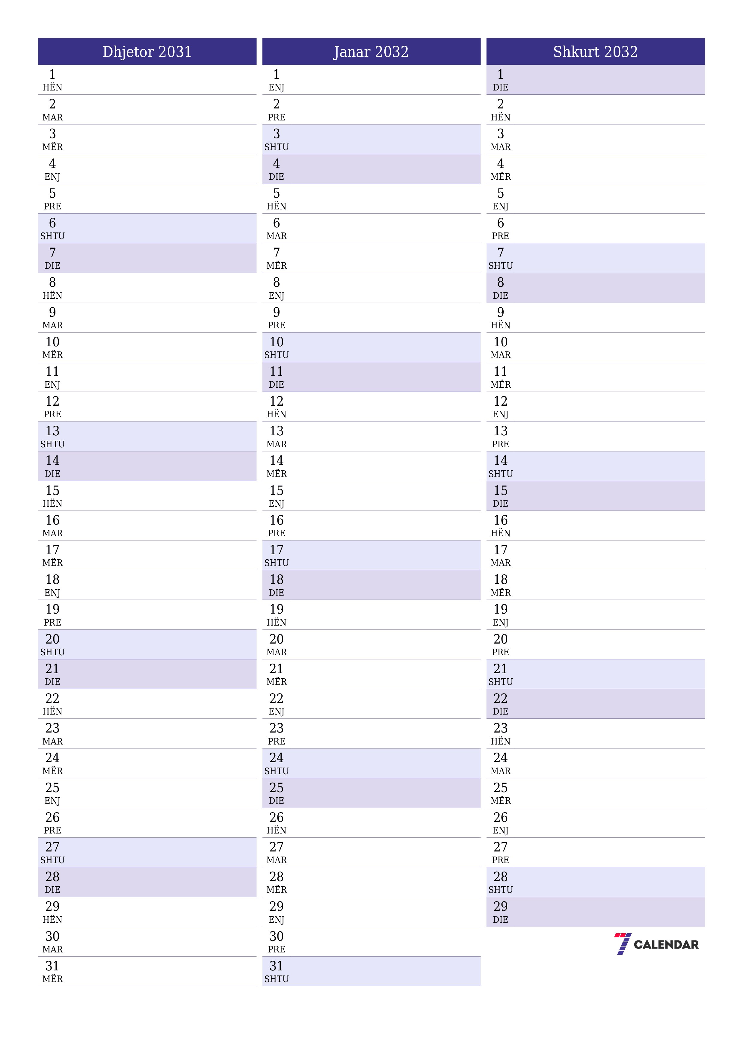 Planifikuesi i zbrazët i kalendarit mujor për muajin Dhjetor 2031 me shënime të ruajtura dhe të printuara në PDF PNG Albanian