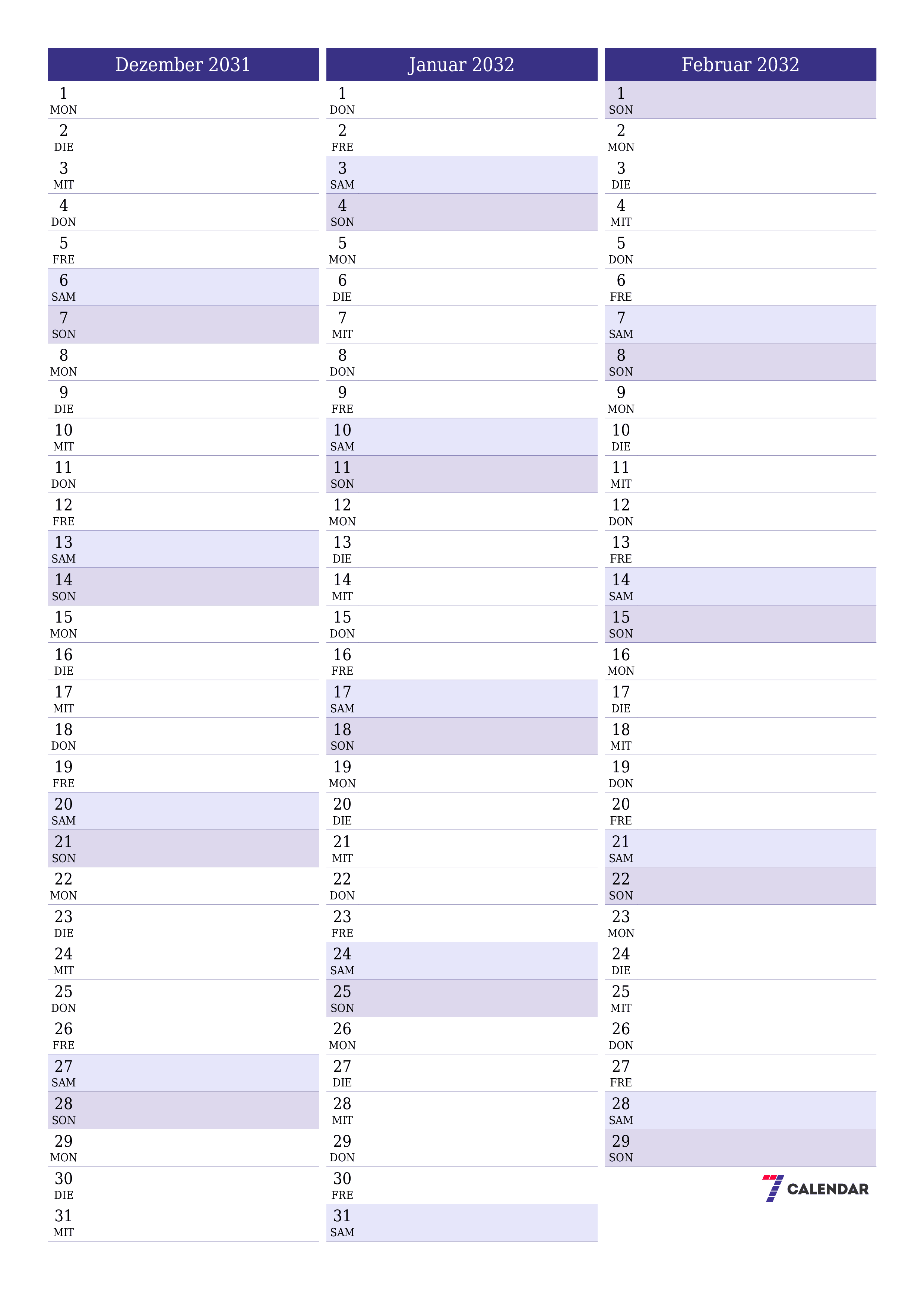  zum Ausdrucken Wandkalender vorlage kostenloser vertikal Monatlich Planer Kalender Dezember (Dez) 2031
