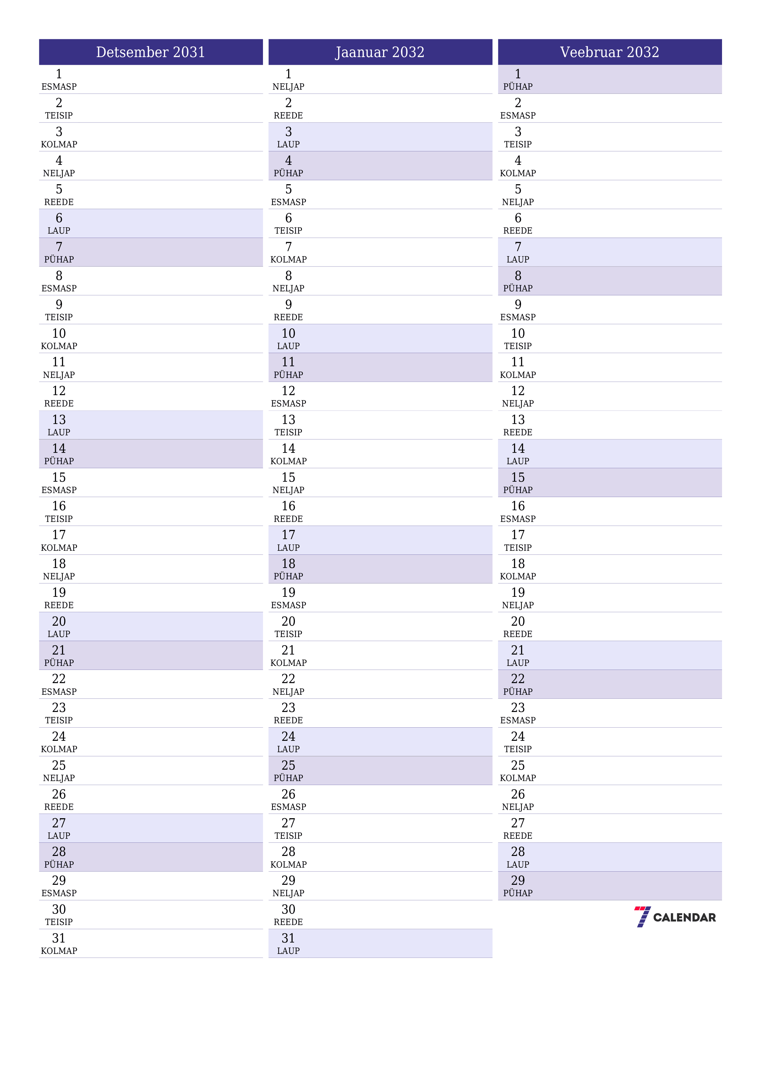 prinditav seina kalendri mall tasuta vertikaalne Igakuine planeerija kalender Detsember (Dets) 2031