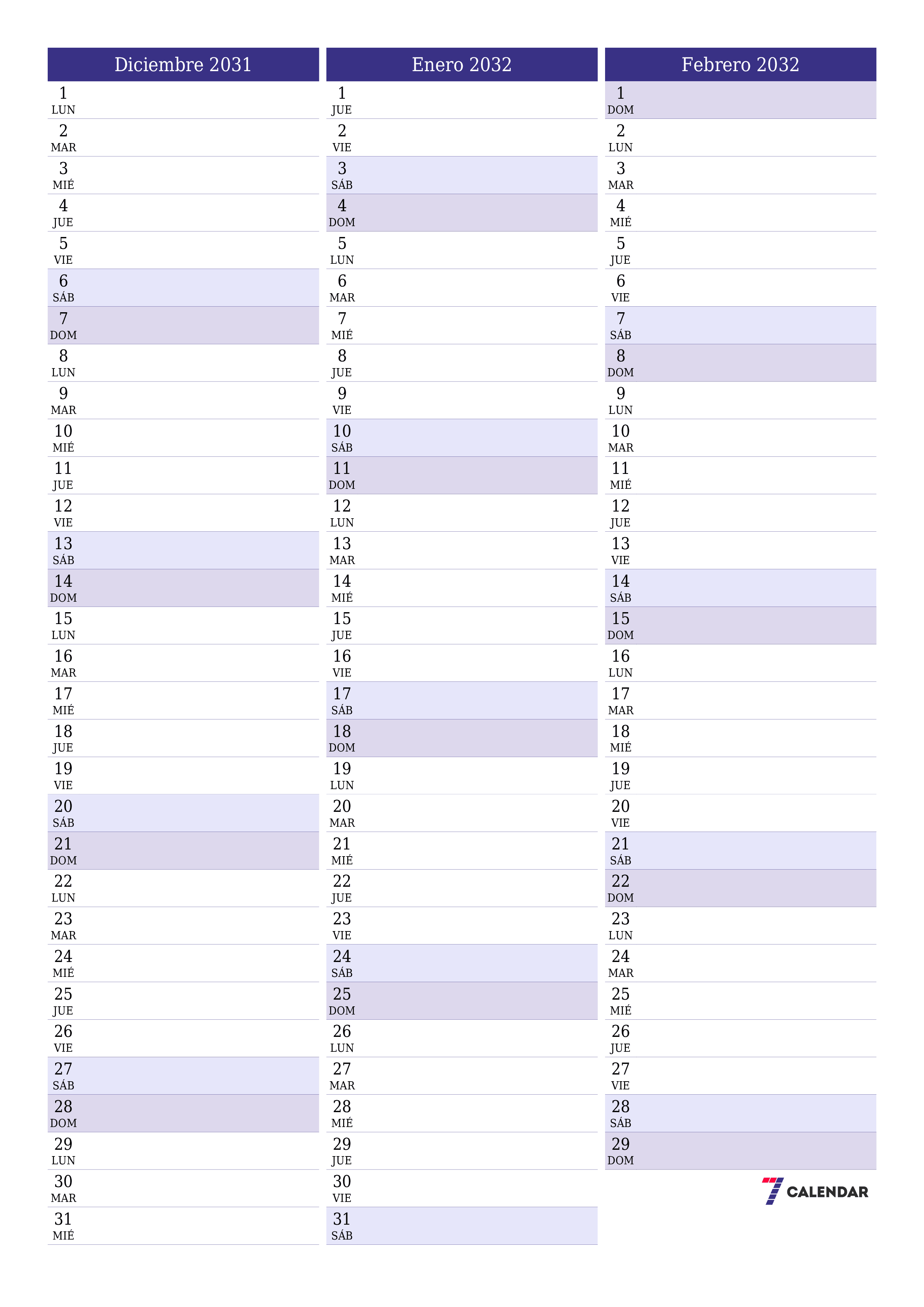  imprimible de pared plantilla de gratisvertical Mensual planificador calendario Diciembre (Dic) 2031
