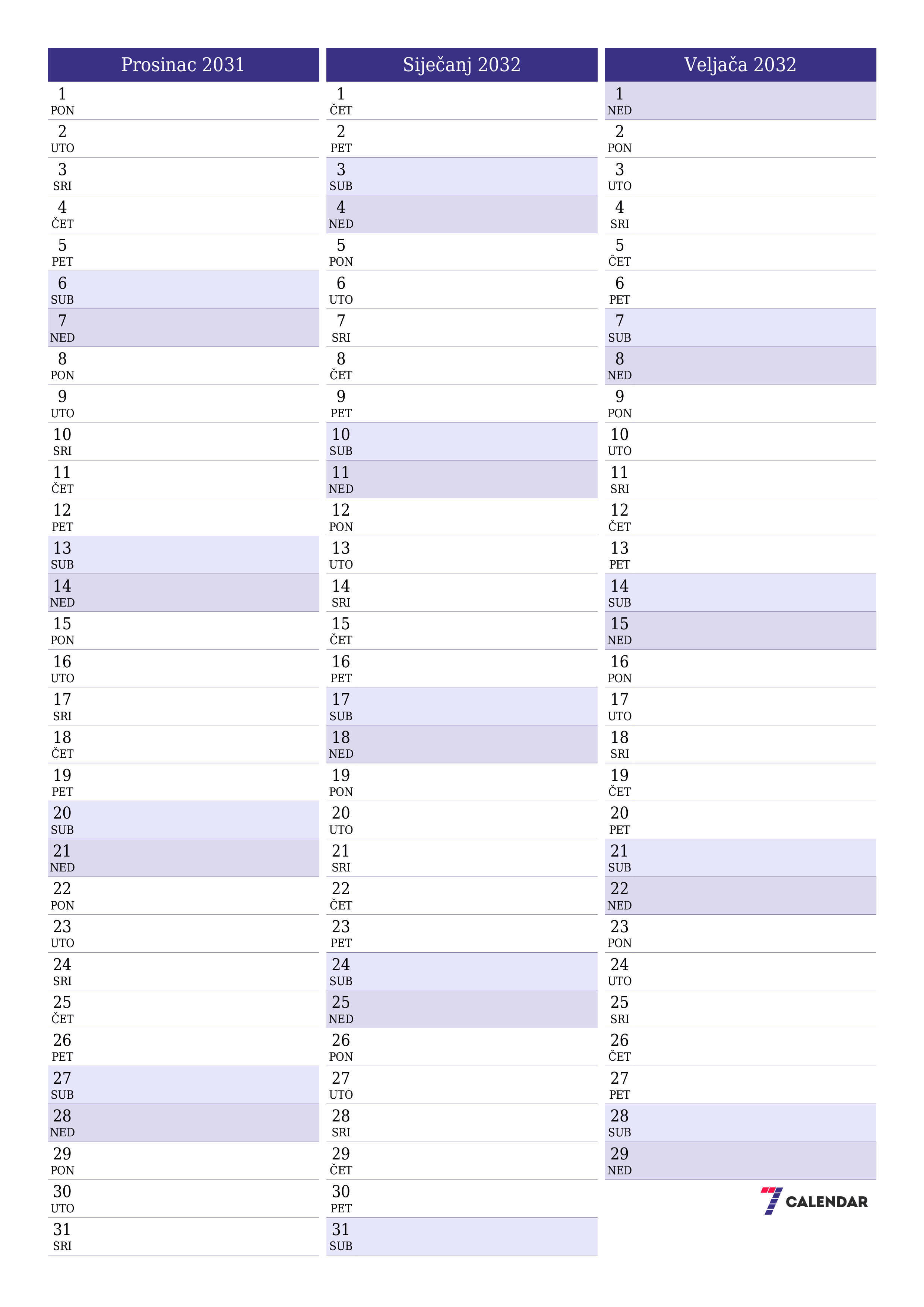  za ispis zidni predložak a besplatni okomito Mjesečni planer kalendar Prosinac (Pro) 2031