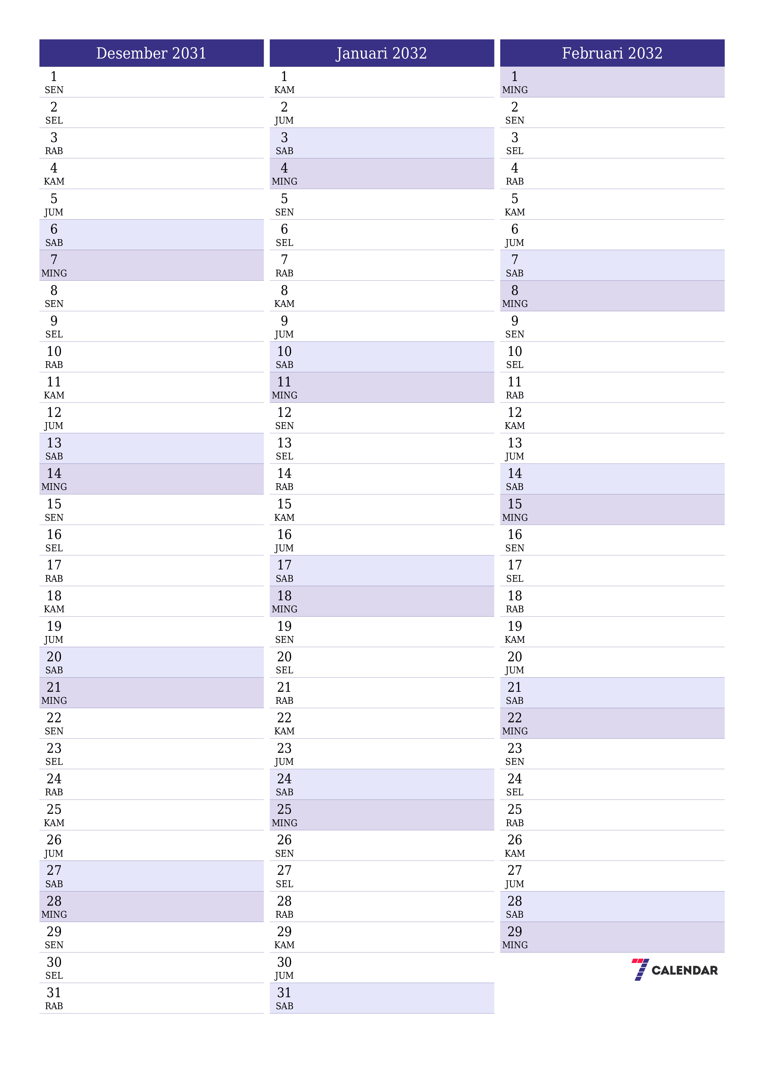  yang dapat dicetak dinding templat gratisvertikal Bulanan perencana kalender Desember (Des) 2031