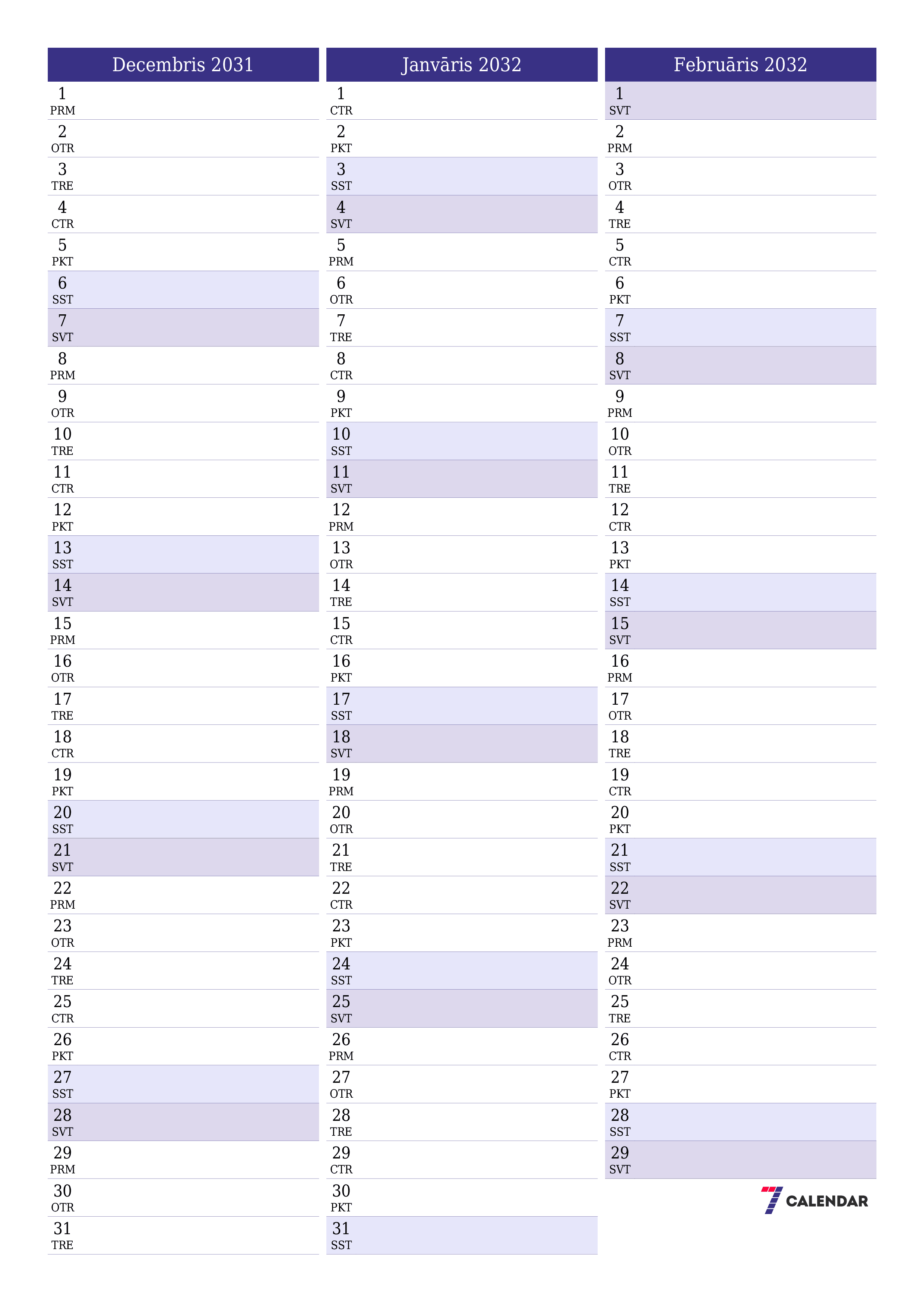 izdrukājams sienas kalendāra veidne bezmaksas vertikāli Mēneša plānotājs kalendārs Decembris (Dec) 2031