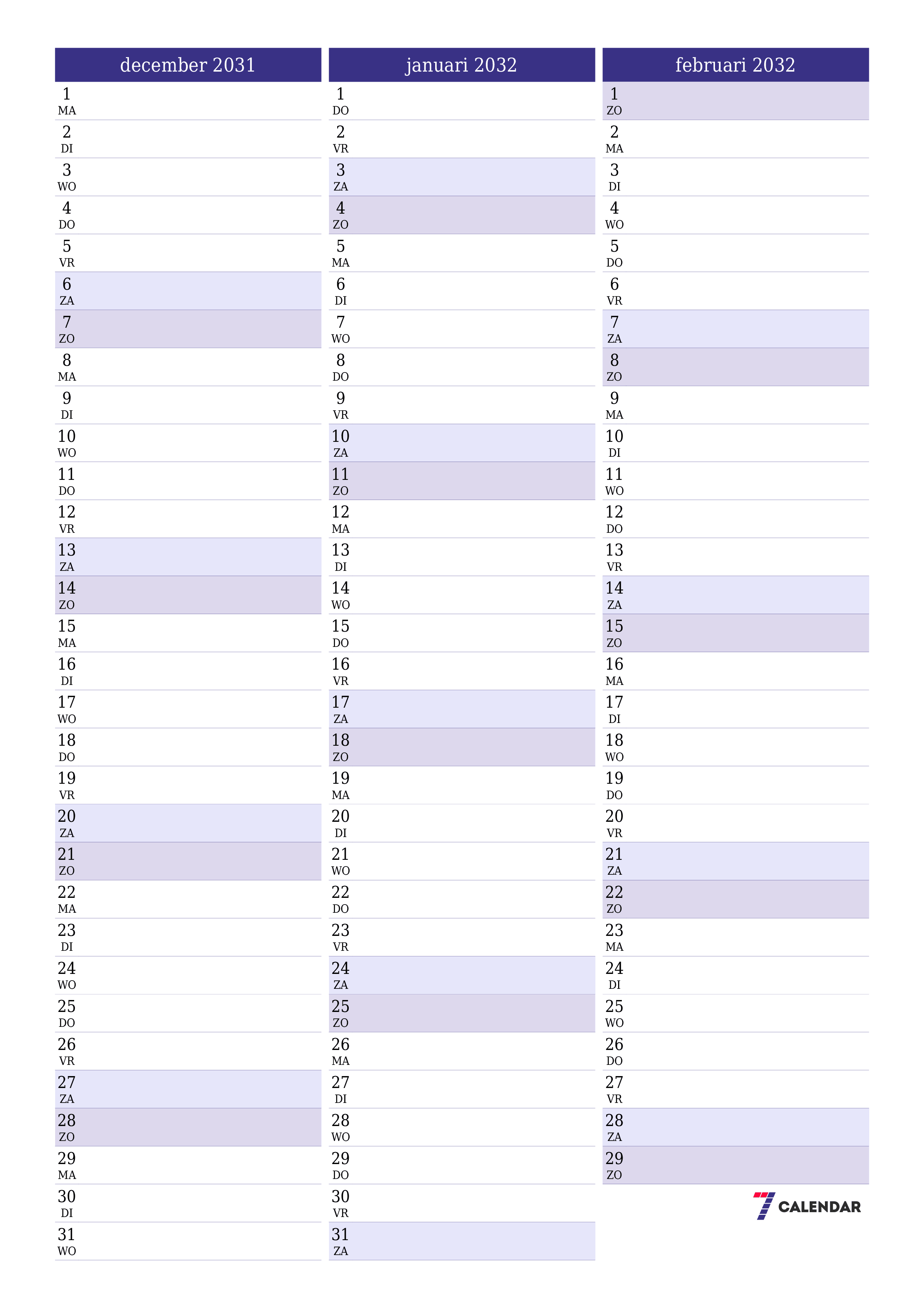 afdrukbare muur sjabloon gratis verticaal Maandelijks planner kalender december (dec) 2031